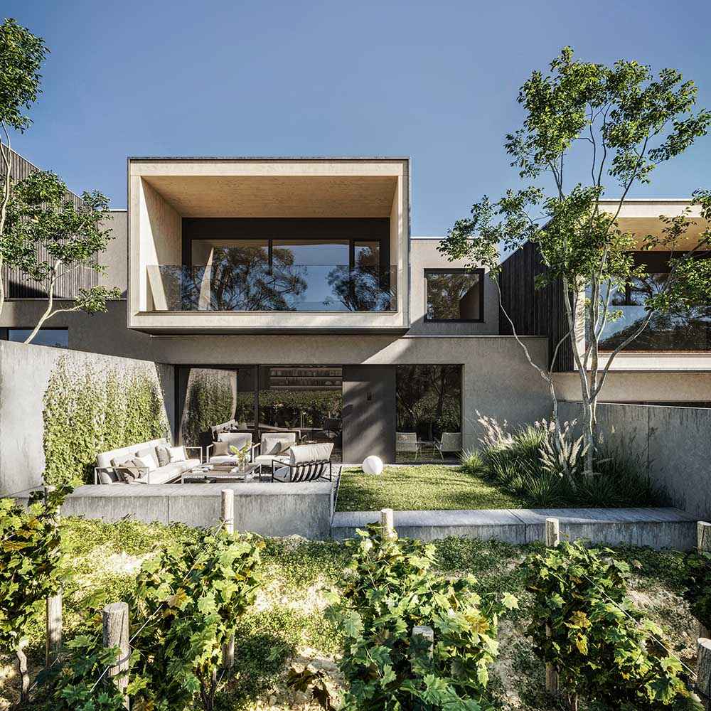 Photorealistic exterior 3D Rendering of a modern house designed by Gregor Pils Architects. Contemporary facade design with wood and plaster. Building next to vineyards. Real Estate residential project. Still CG Image produced by Scuares, an architectural visualization studio