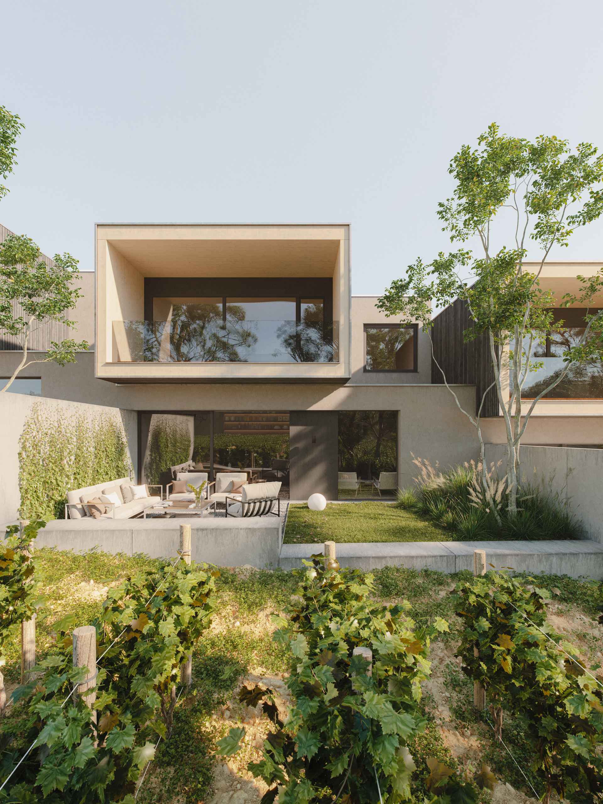 Photorealistic exterior 3D Rendering of a modern house designed by Gregor Pils Architects. Contemporary facade design with wood and plaster. Building next to vineyards. Real Estate residential project. Still CG Image produced by Scuares, an architectural visualization studio