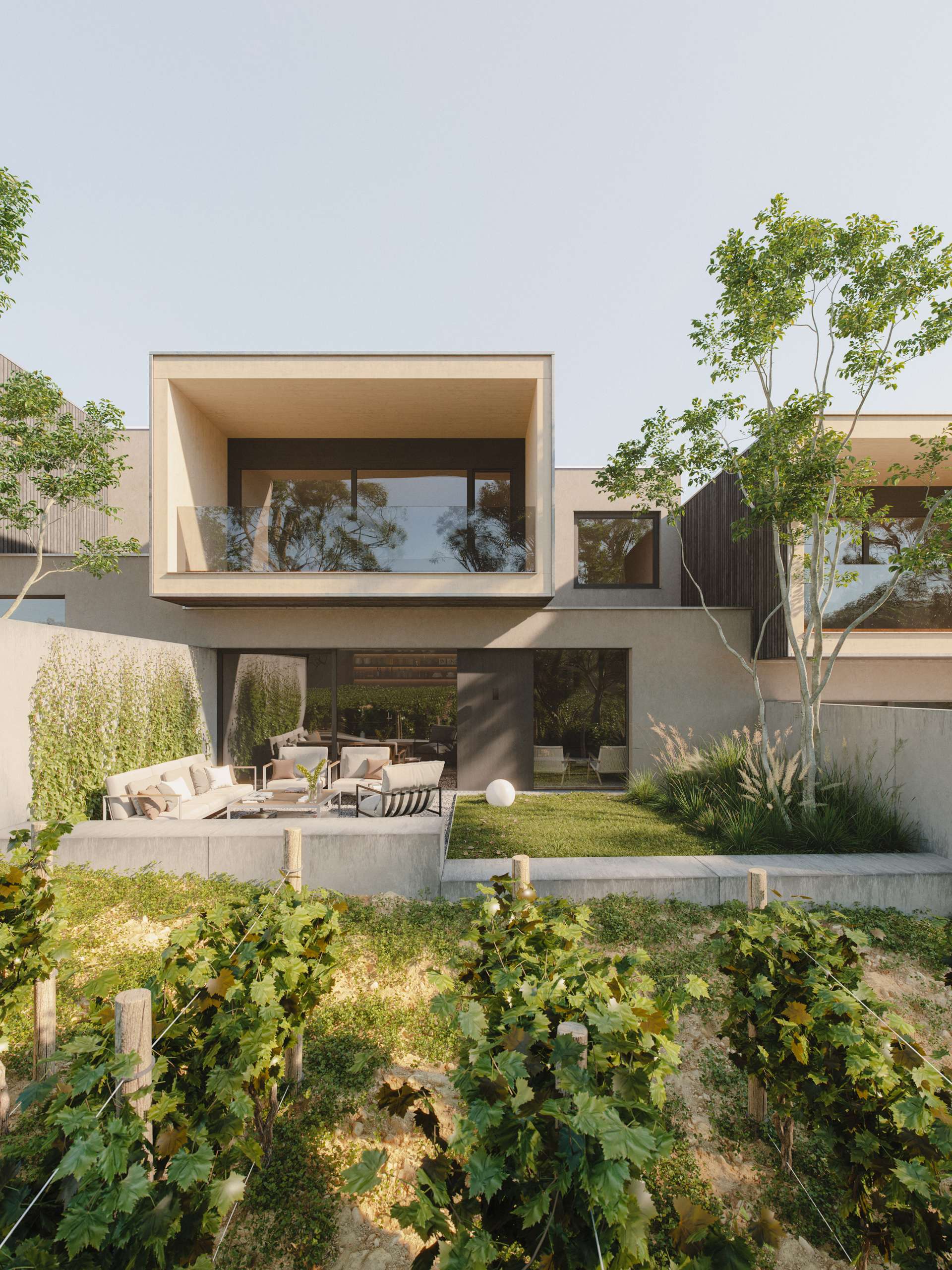 3D rendering of a two-storey modern house opening onto a lush garden