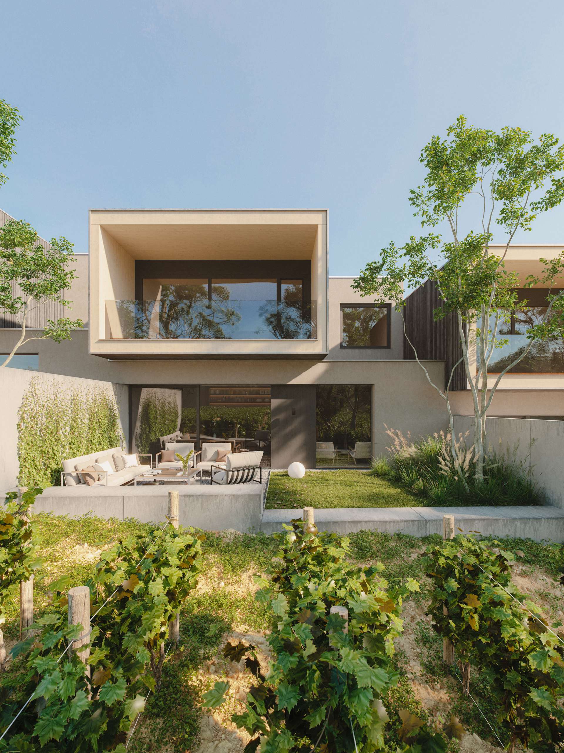 3D rendering of a two-storey modern house opening onto a lush garden