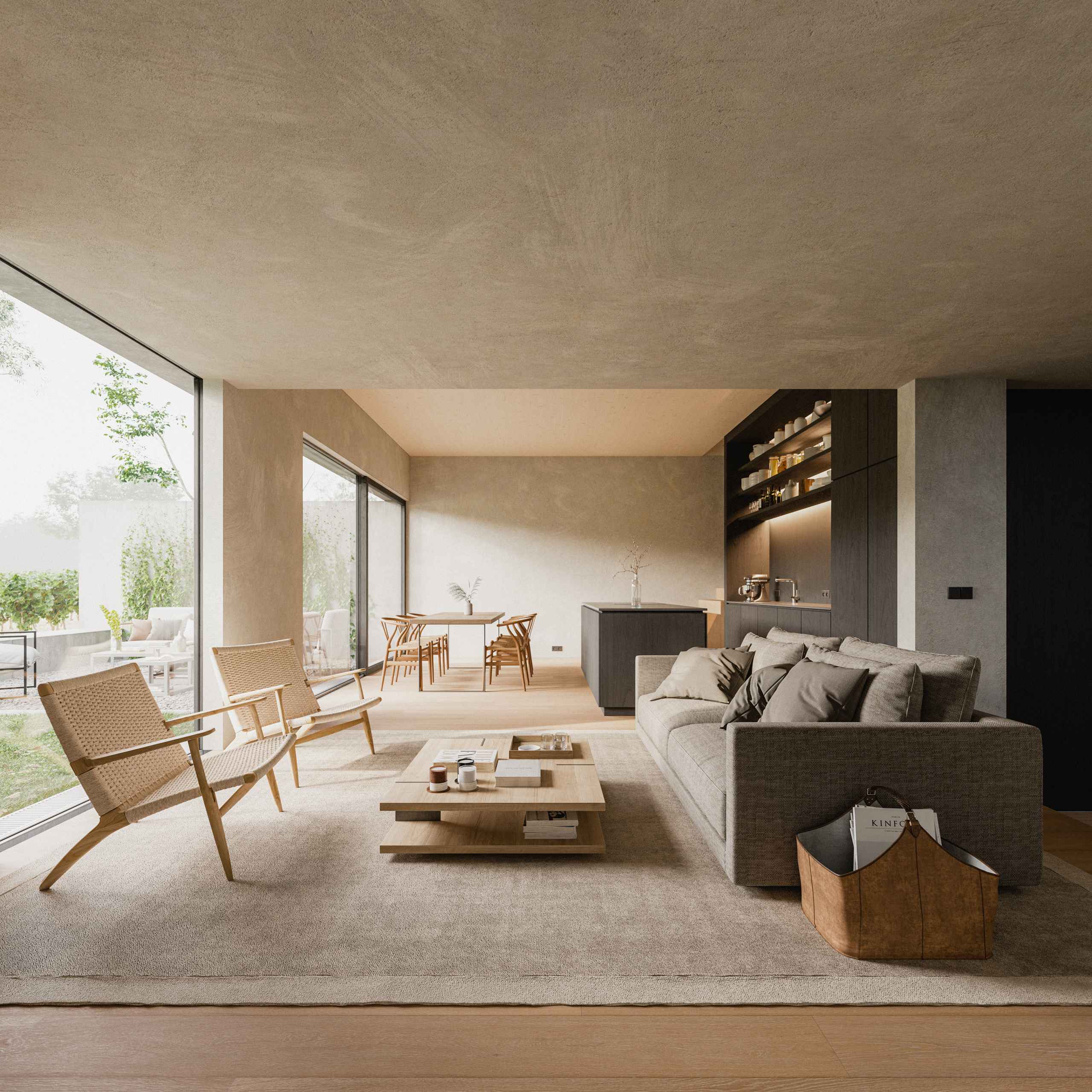 Photorealistic interior 3D Rendering of a modern house designed by Gregor Pils Architects. Contemporary interior design with wood and plaster. Building next to vineyards. Real Estate residential project. Still CG Image produced by Scuares, an architectural visualization studio