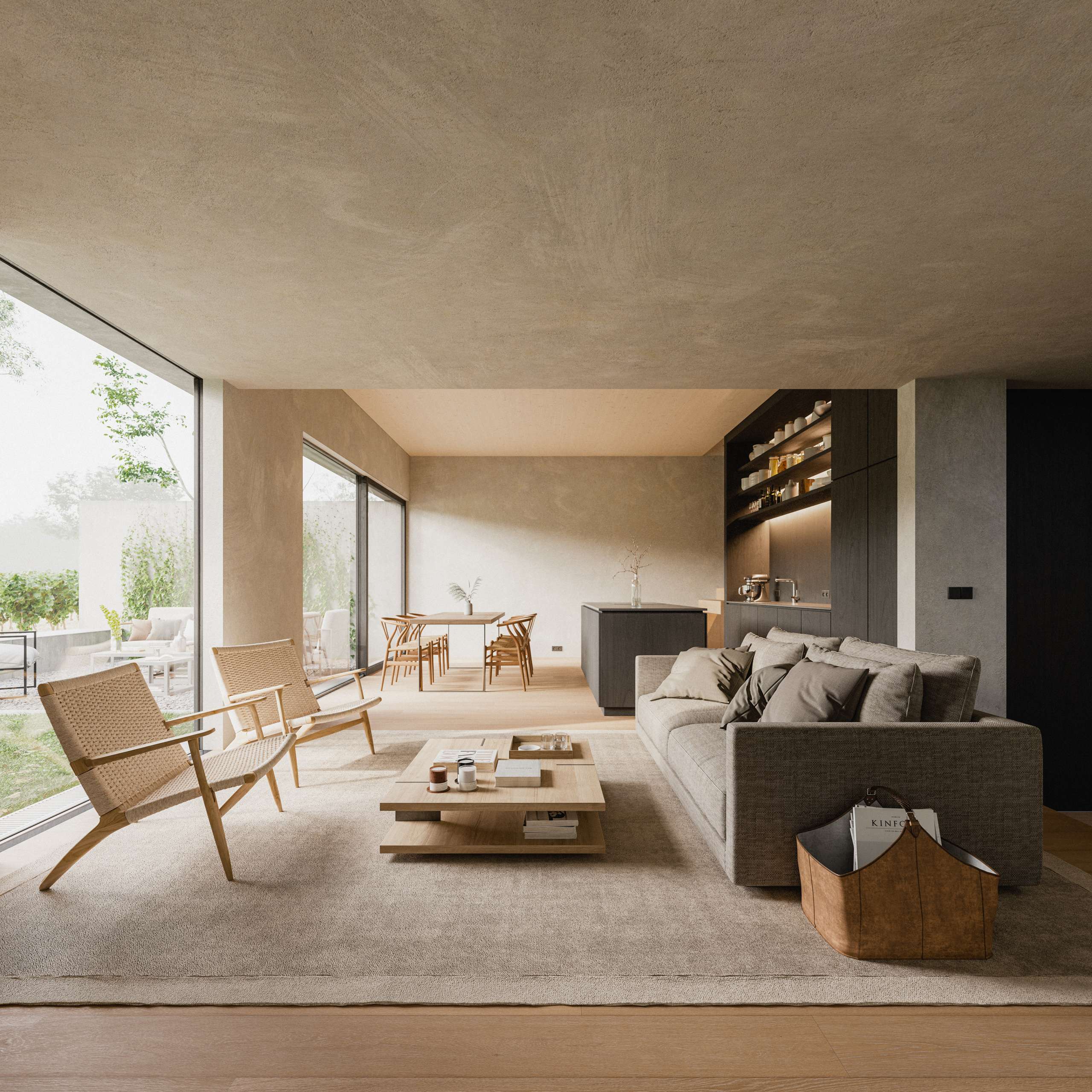 3D rendering of a concrete living room opening through glass walls to a covered terrace