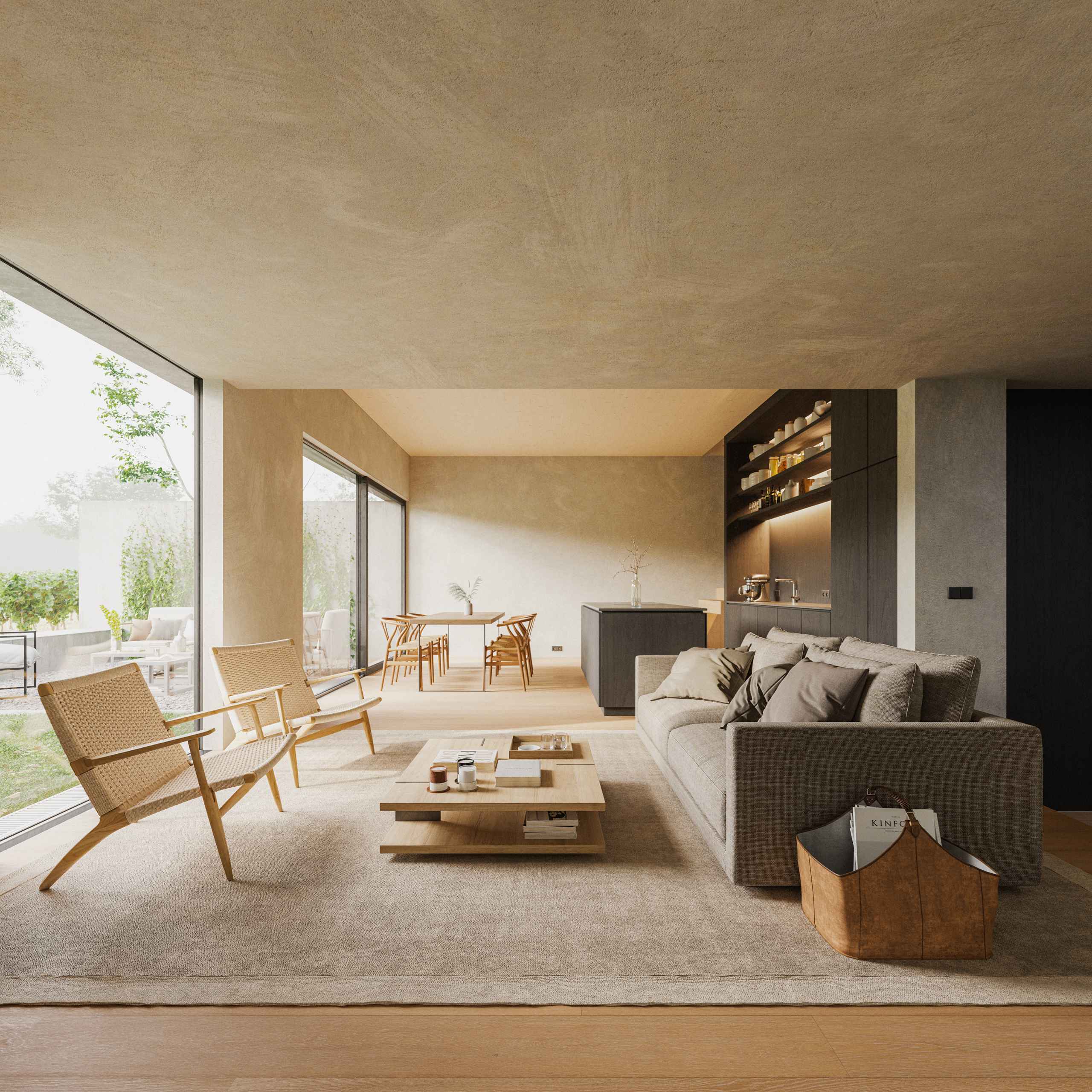 Photorealistic interior 3D Rendering of a modern house designed by Gregor Pils Architects. Contemporary interior design with wood and plaster. Building next to vineyards. Real Estate residential project. Still CG Image produced by Scuares, an architectural visualization studio