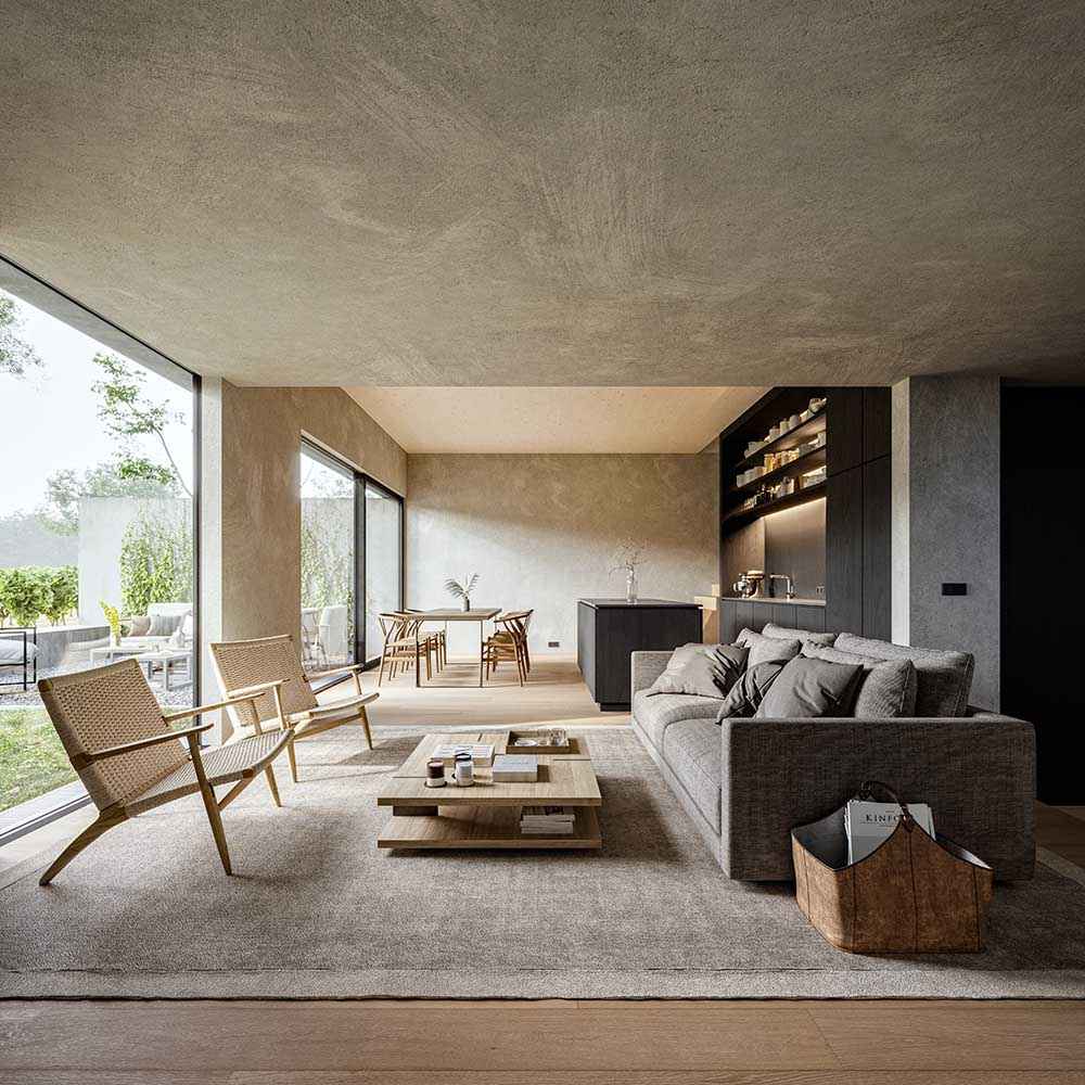 Photorealistic interior 3D Rendering of a modern house designed by Gregor Pils Architects. Contemporary interior design with wood and plaster. Building next to vineyards. Real Estate residential project. Still CG Image produced by Scuares, an architectural visualization studio