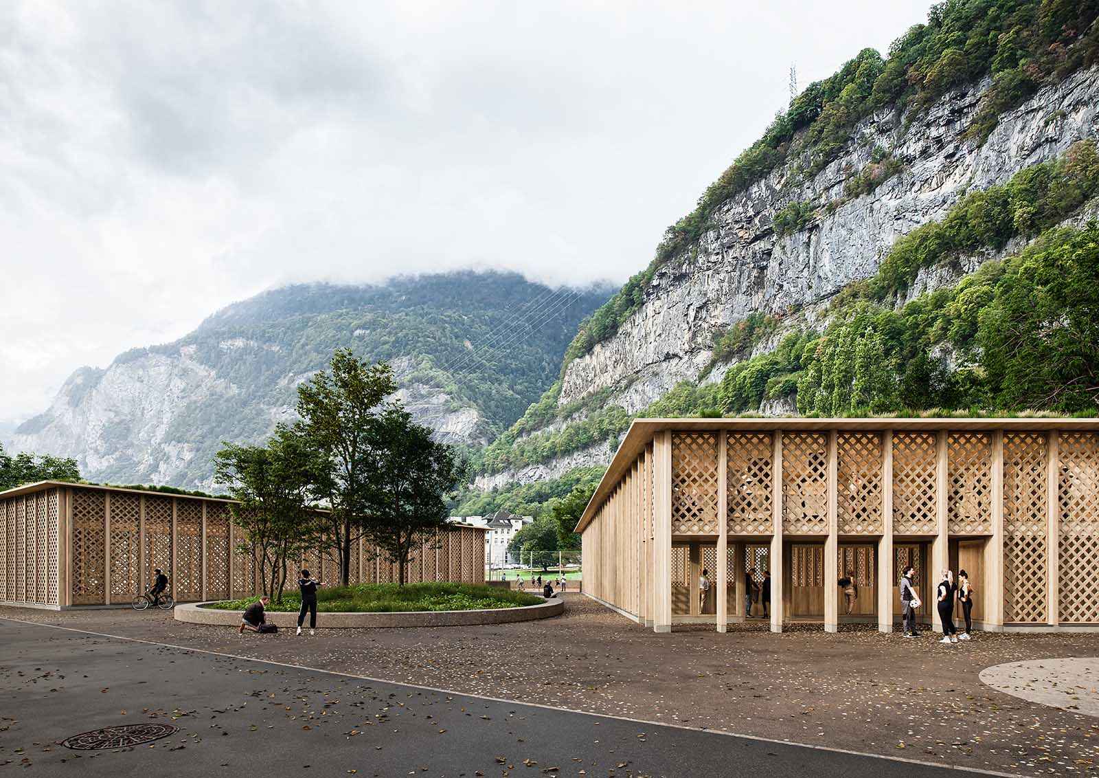 Photorealistic exterior 3D Rendering of a wooden sports complex designed by Transversal Architects and Acte architects. Contemporary facade design. Still CG Image produced by Scuares, an architectural visualization studio
