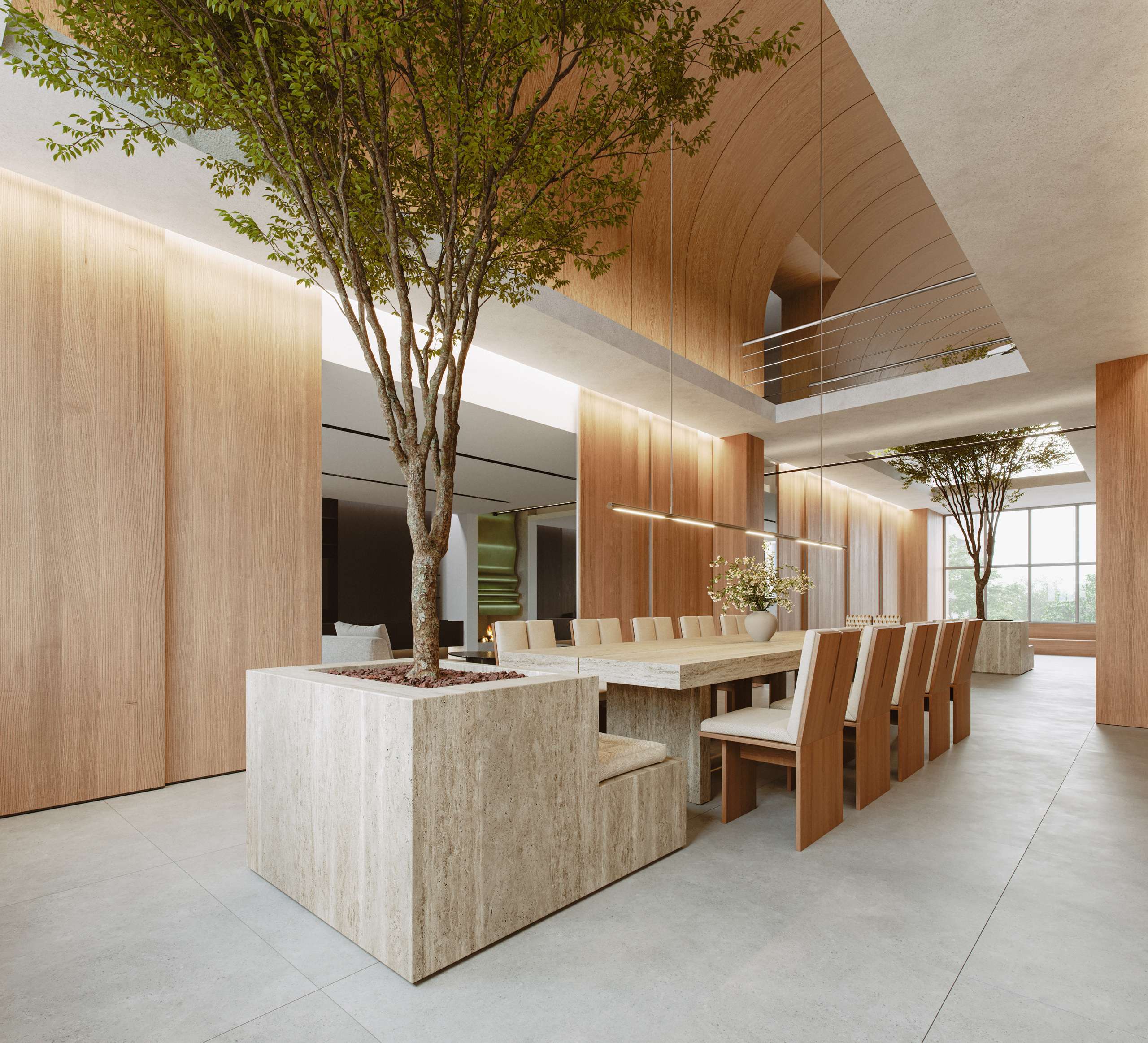 3D rendering of a long dining table beside an indoor tree and timber cabinetry