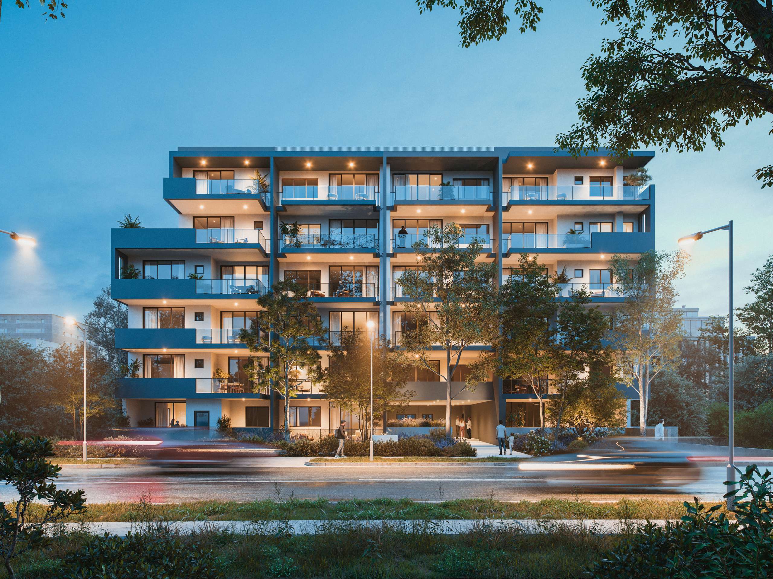 Dusk 3D rendering of an apartment building with planted balconies