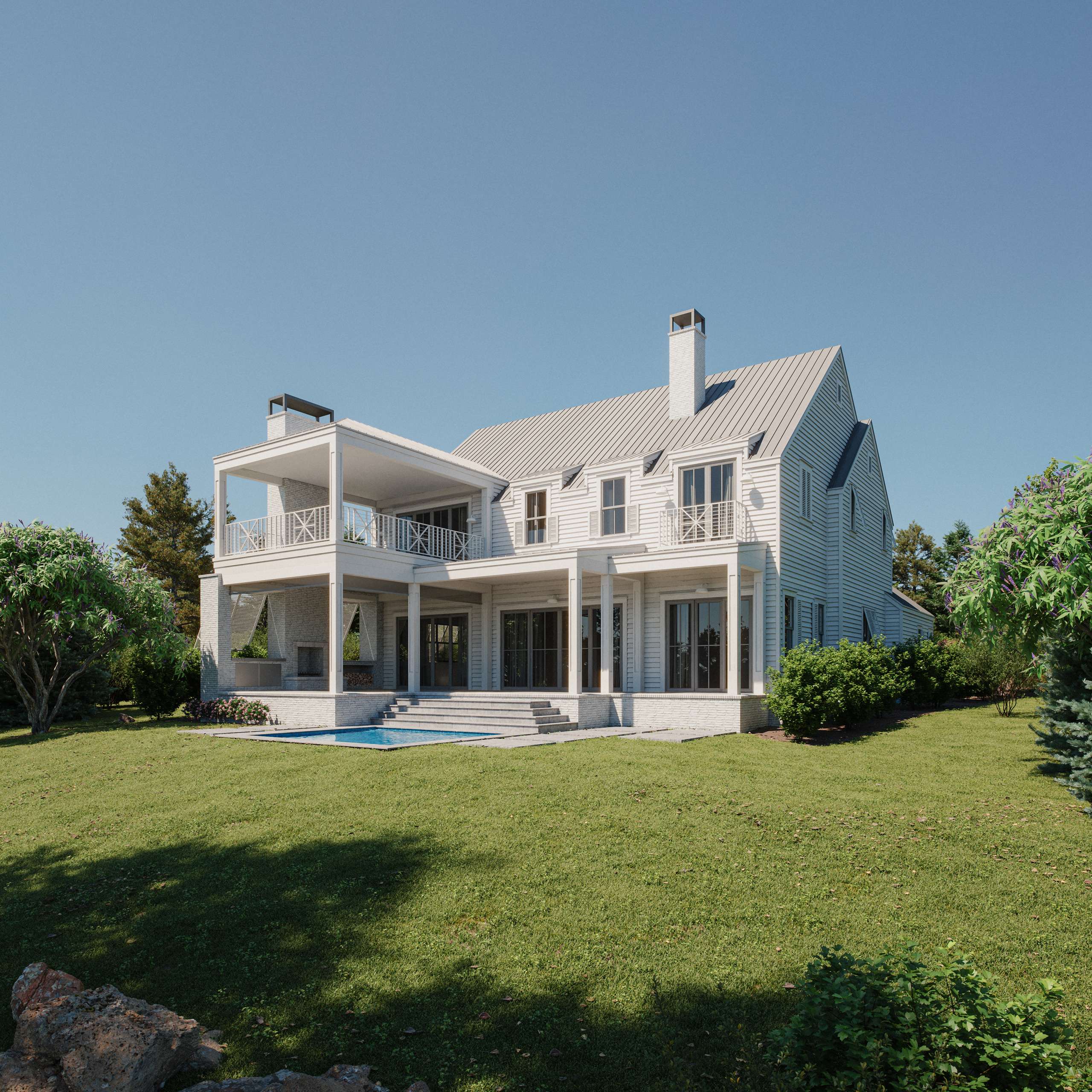 Photorealistic exterior 3D Rendering of a modern  wooden house next to a lake in Texas. White house made of wood. Traditional american architecture style Beautiful landscape and contemporary design building. Residential Real Estate project. Still CG Image produced by Scuares, an architectural visualization studio