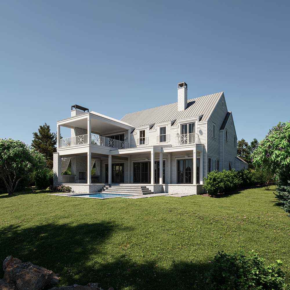 Photorealistic exterior 3D Rendering of a modern wooden house next to a lake in Texas. White house made of wood. Traditional american architecture style Beautiful landscape and contemporary design building. Residential Real Estate project. Still CG Image produced by Scuares, an architectural visualization studio
