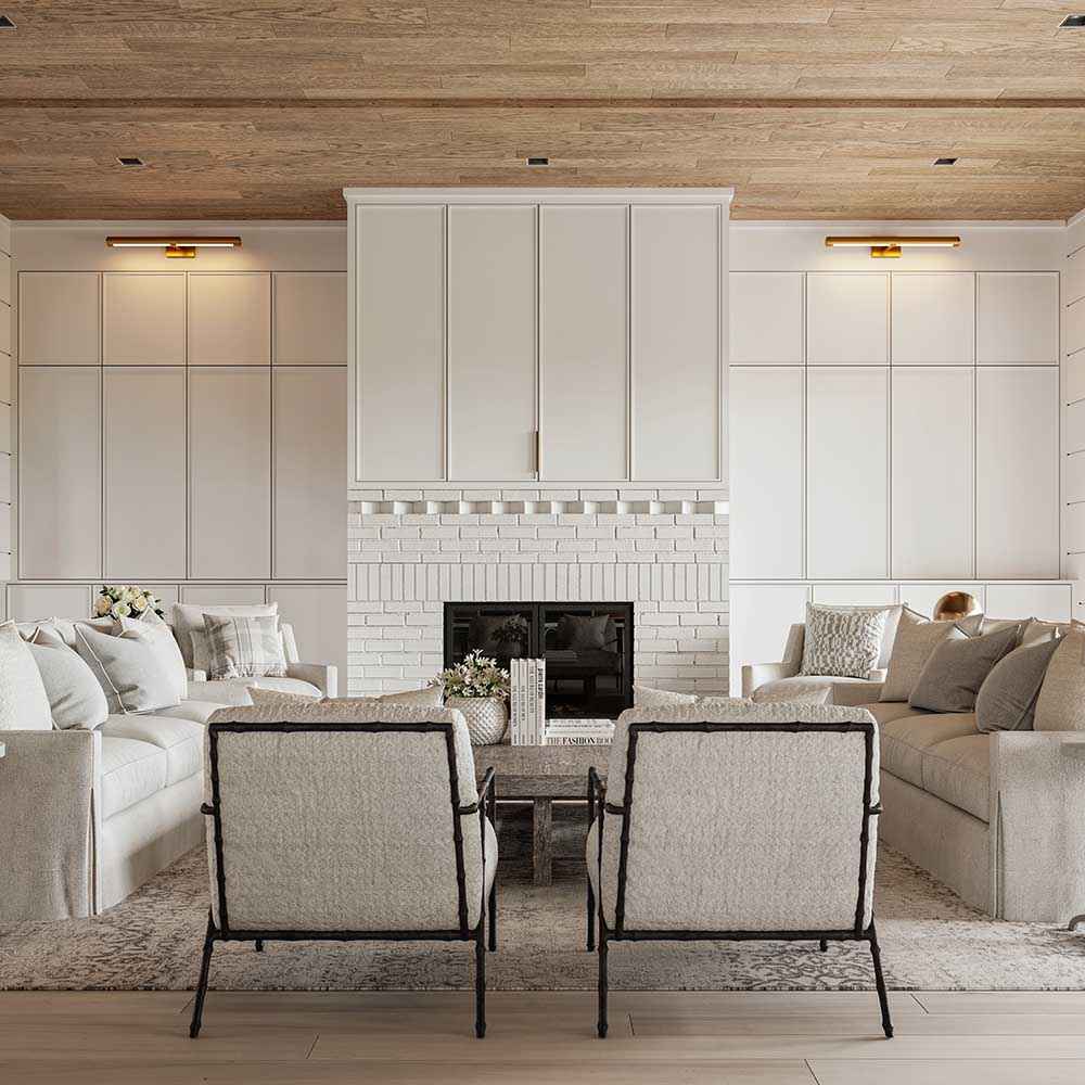 Photorealistic interior 3D Rendering of a modern house next to a lake in Texas. Interior Design with wood and fabric. Soft color palette. Contemporary design building. Residential Real Estate project. Still CG Image produced by Scuares, an architectural visualization studio