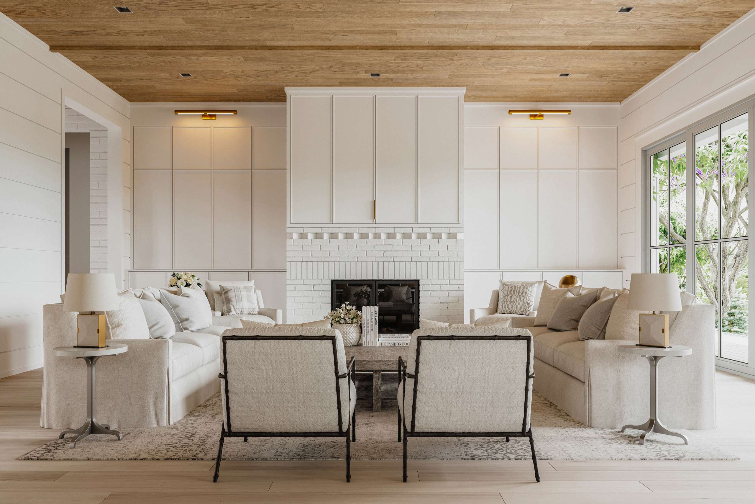 Photorealistic interior 3D Rendering of a modern house next to a lake in Texas. Interior Design with wood and fabric. Soft color palette. Contemporary design building. Residential Real Estate project. Still CG Image produced by Scuares, an architectural visualization studio