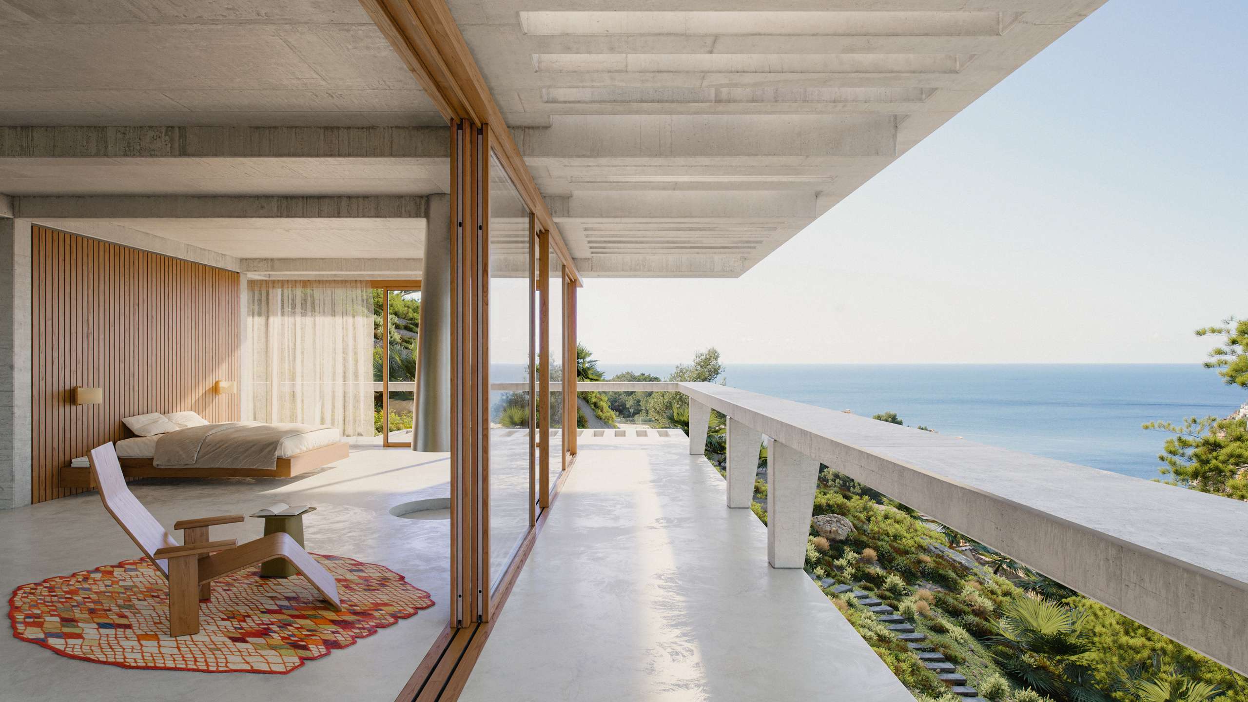 3D rendering of a bedroom opening onto a shaded terrace above the Mediterranean Sea