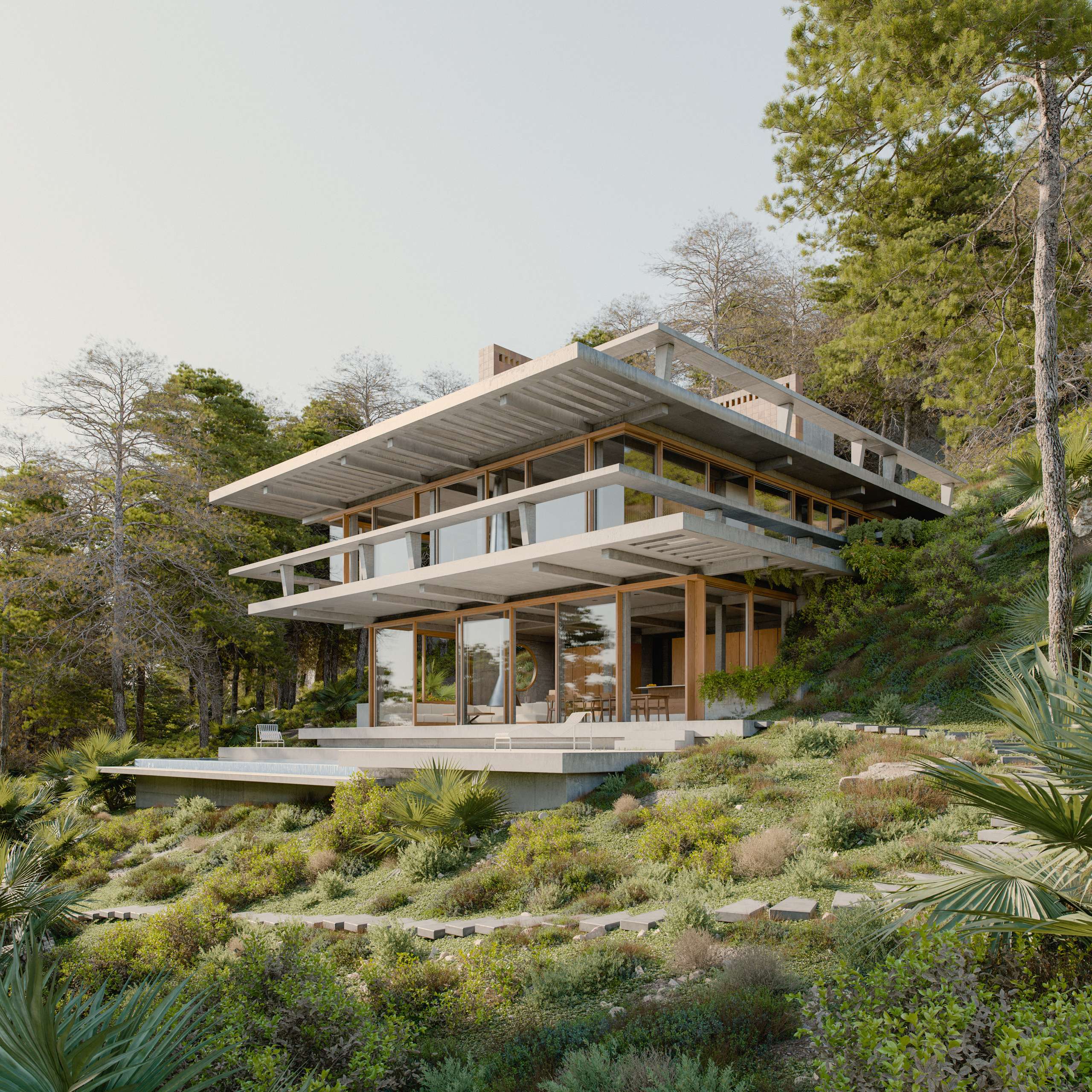 3D rendering of a terraced modern house surrounded by Mediterranean planting