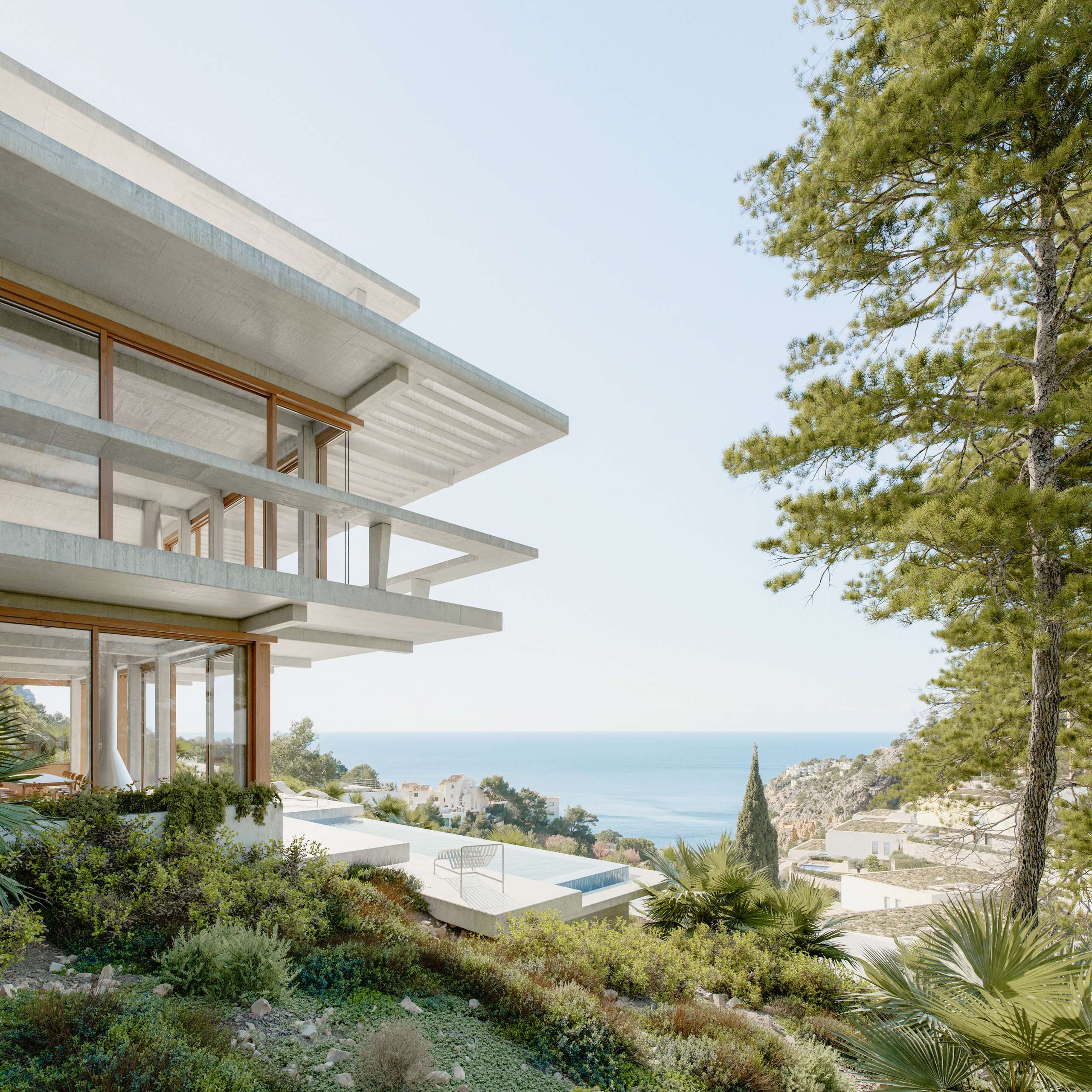 3D rendering of a hillside house and infinity pool overlooking the Mediterranean Sea