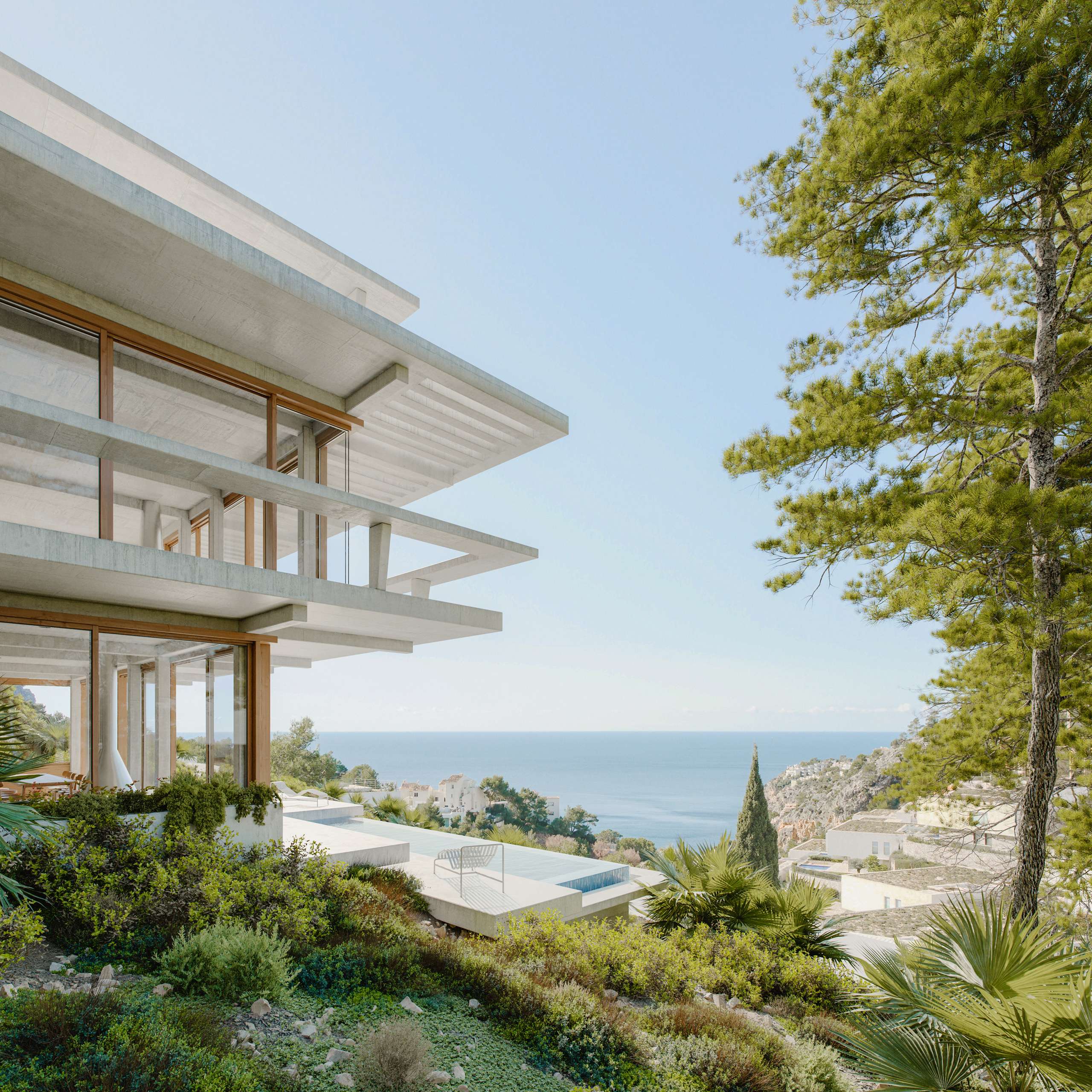 3D rendering of a hillside house and infinity pool overlooking the Mediterranean Sea