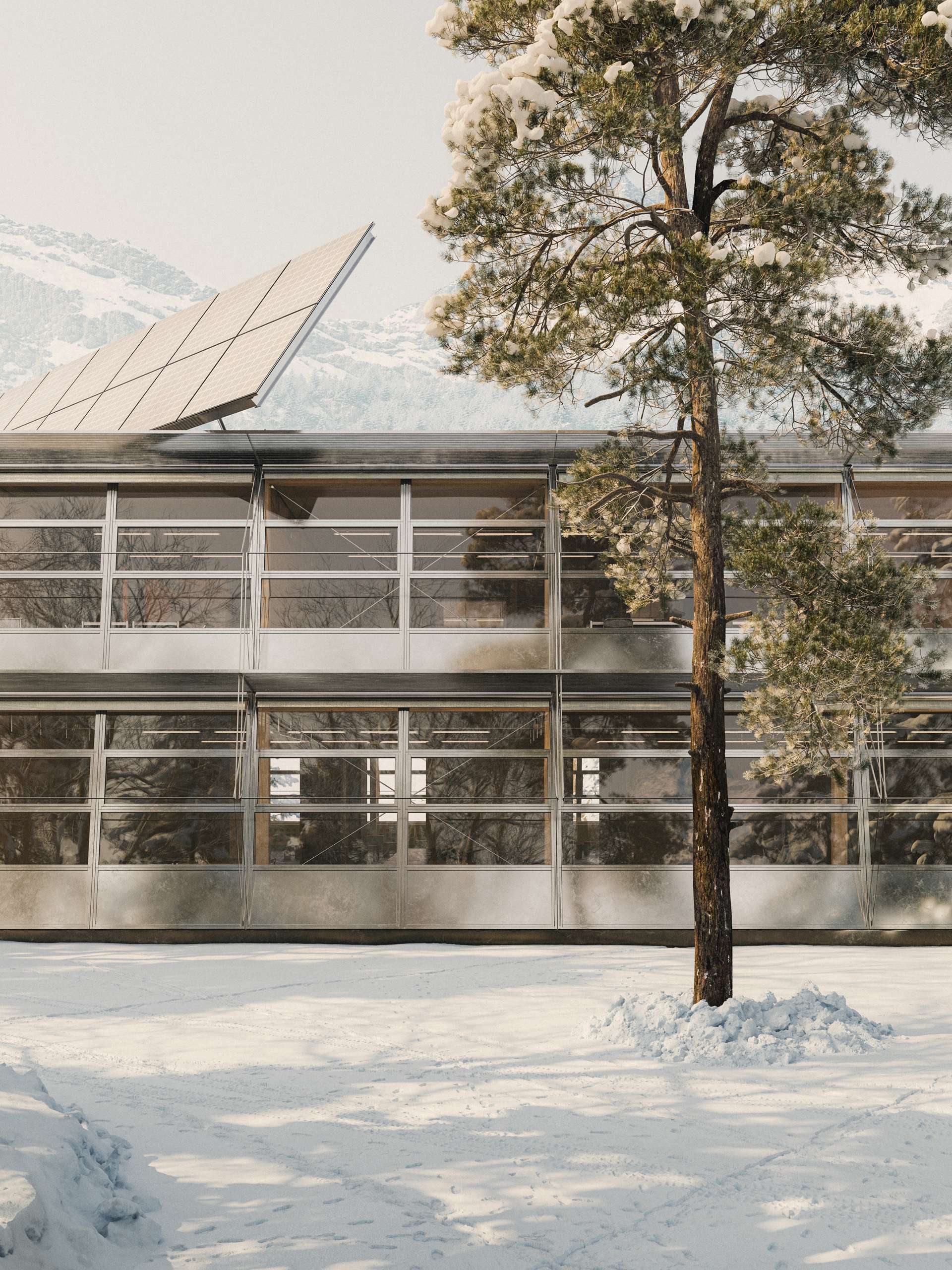 Winter 3D rendering of the Maloja school behind a glazed façade and snow-covered trees