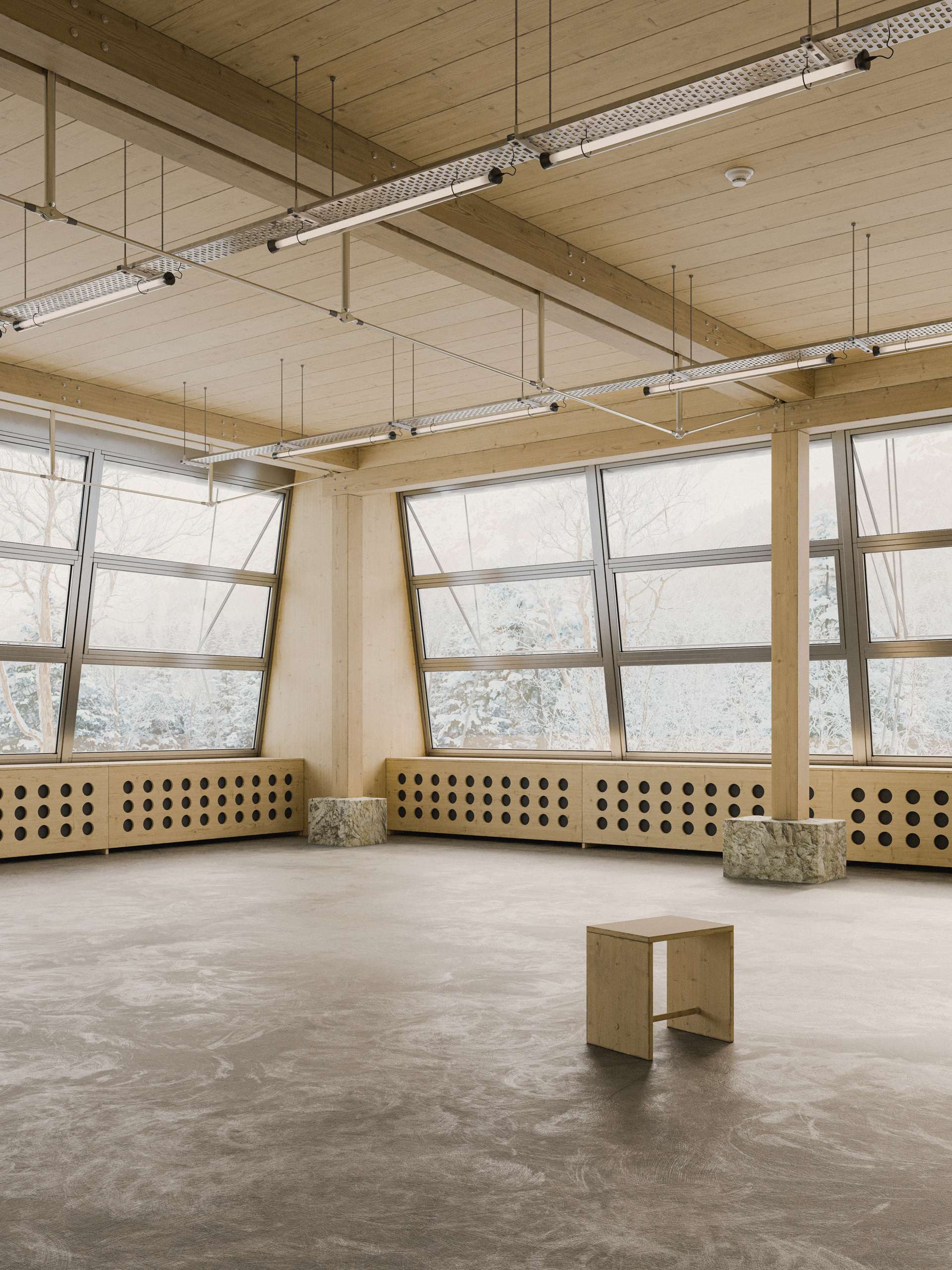 3D rendering of a timber school hall with tall windows and an open central floor