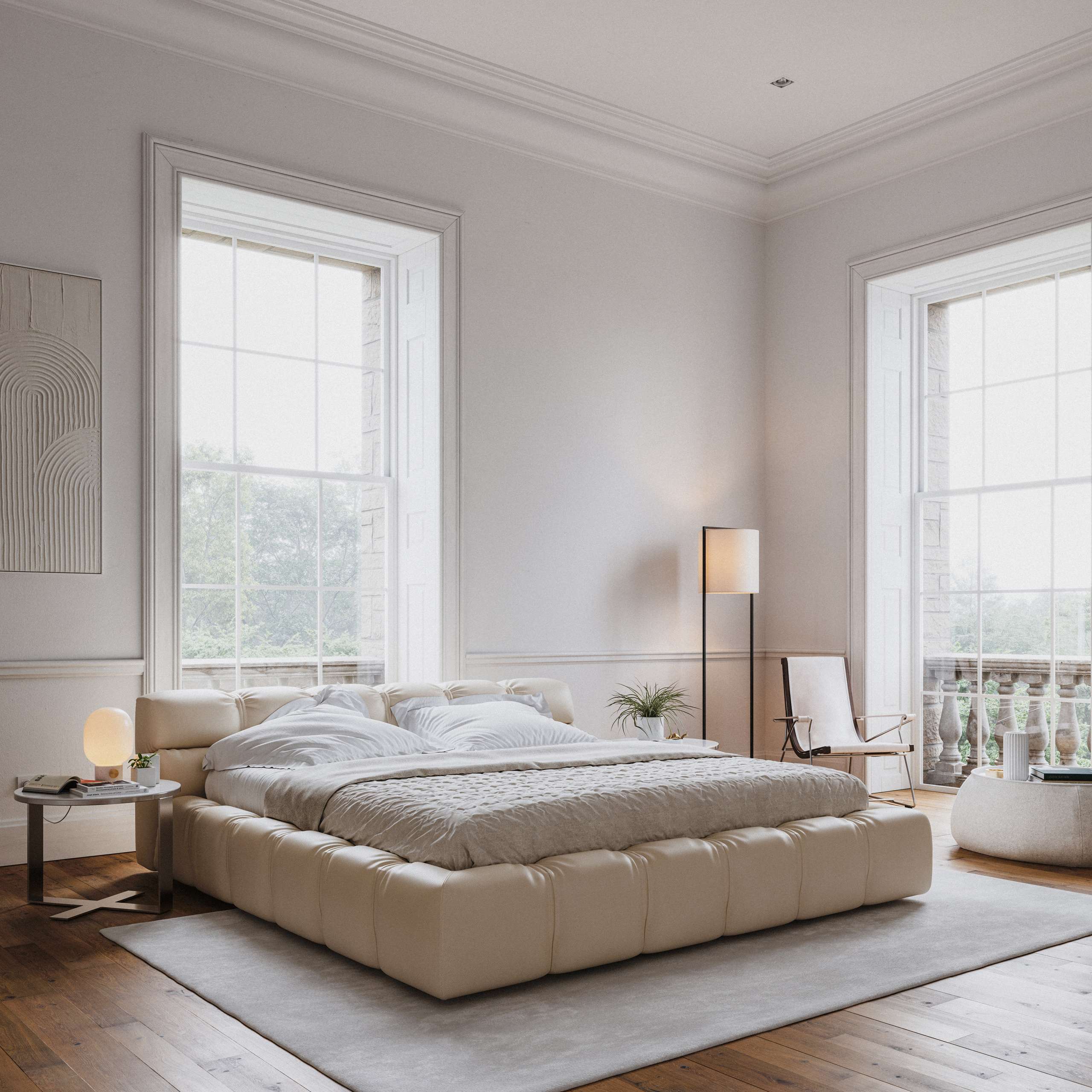 3D rendering of a serene white bedroom with tall windows in a Berlin apartment