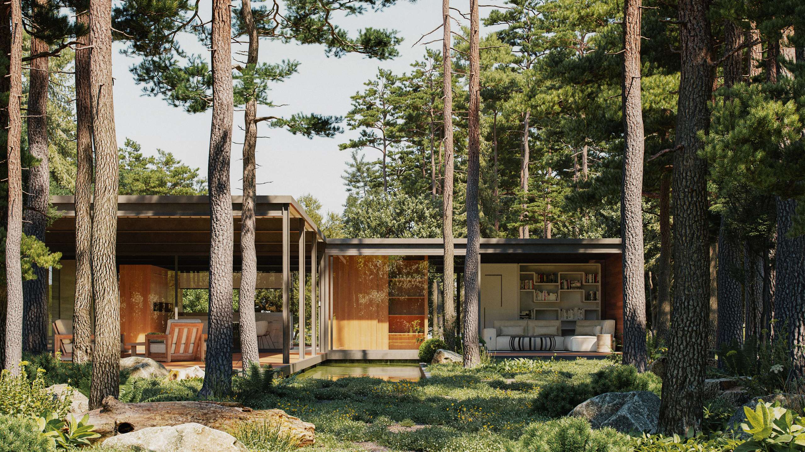 3D rendering of a low glass-fronted house among tall pine trees