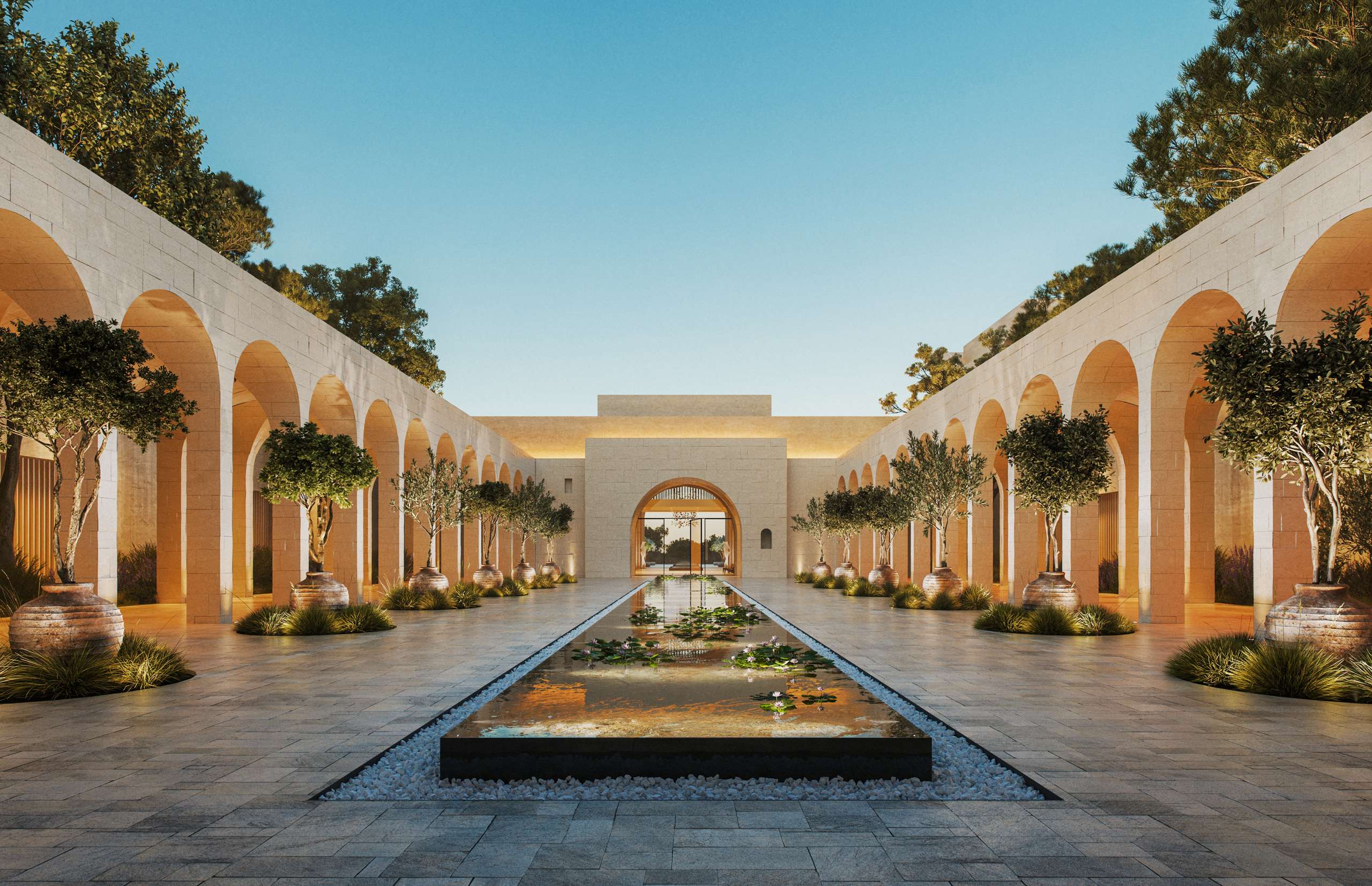 3D rendering of an arched courtyard with a central reflecting pool