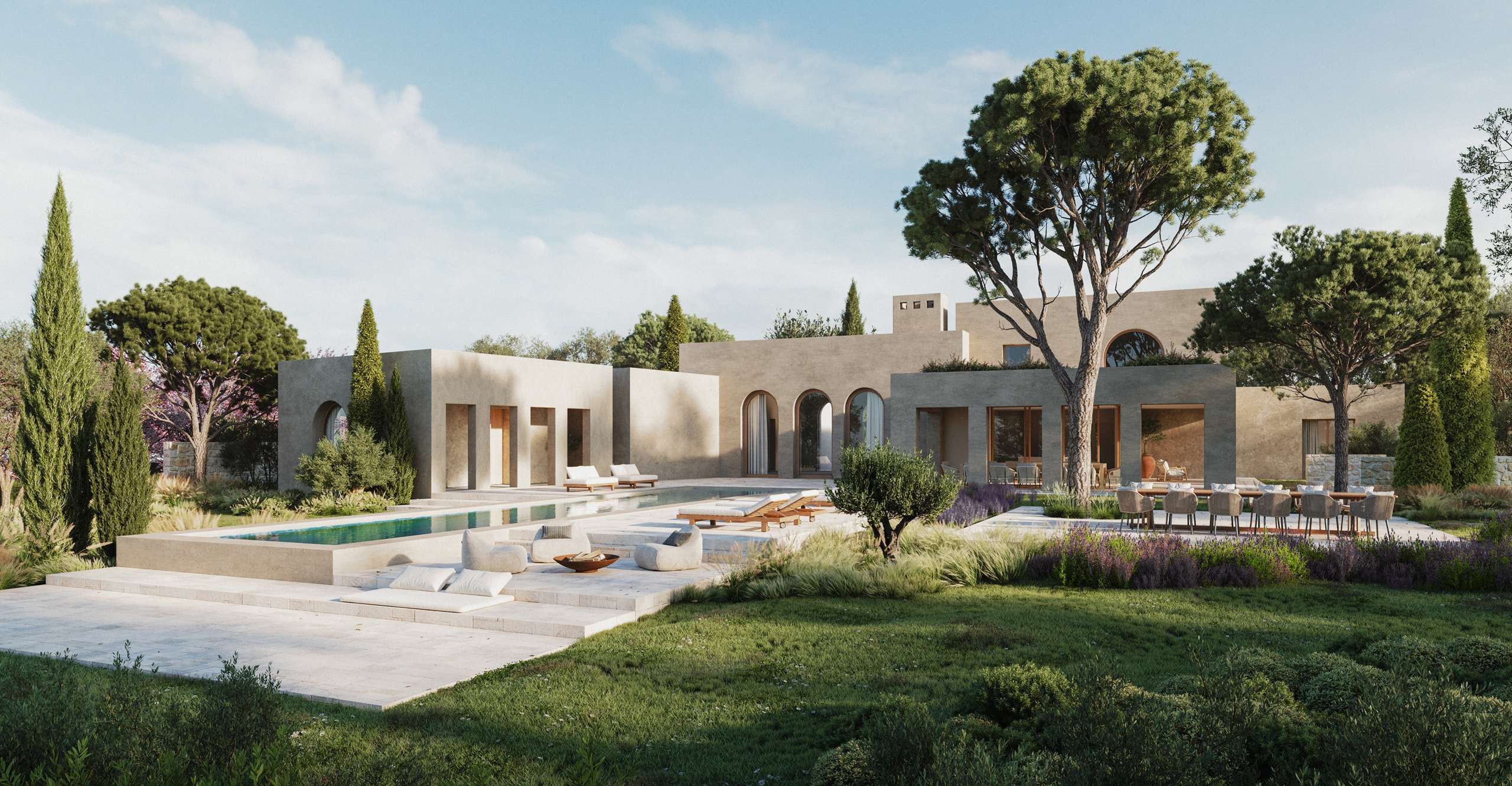 3D rendering of a villa with arched openings, a pool, and landscaped gardens