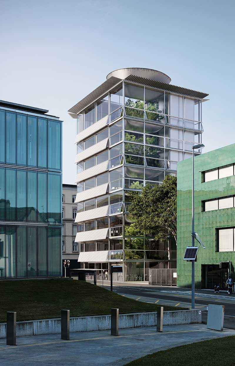 Photorealistic exterior 3D Rendering of an office building in Basel designed by Parabase Architects. Project for an architectural competition. Still CG Image produced by Scuares, an architectural visualization studio