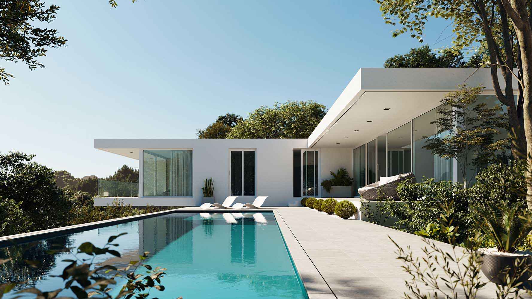 Photorealistic exterior 3D Rendering of a contemporary luxury Villa with a swimmig pool designed by JM Designs. Residential real estate project. Still CG Image produced by Scuares, an architectural visualization studio