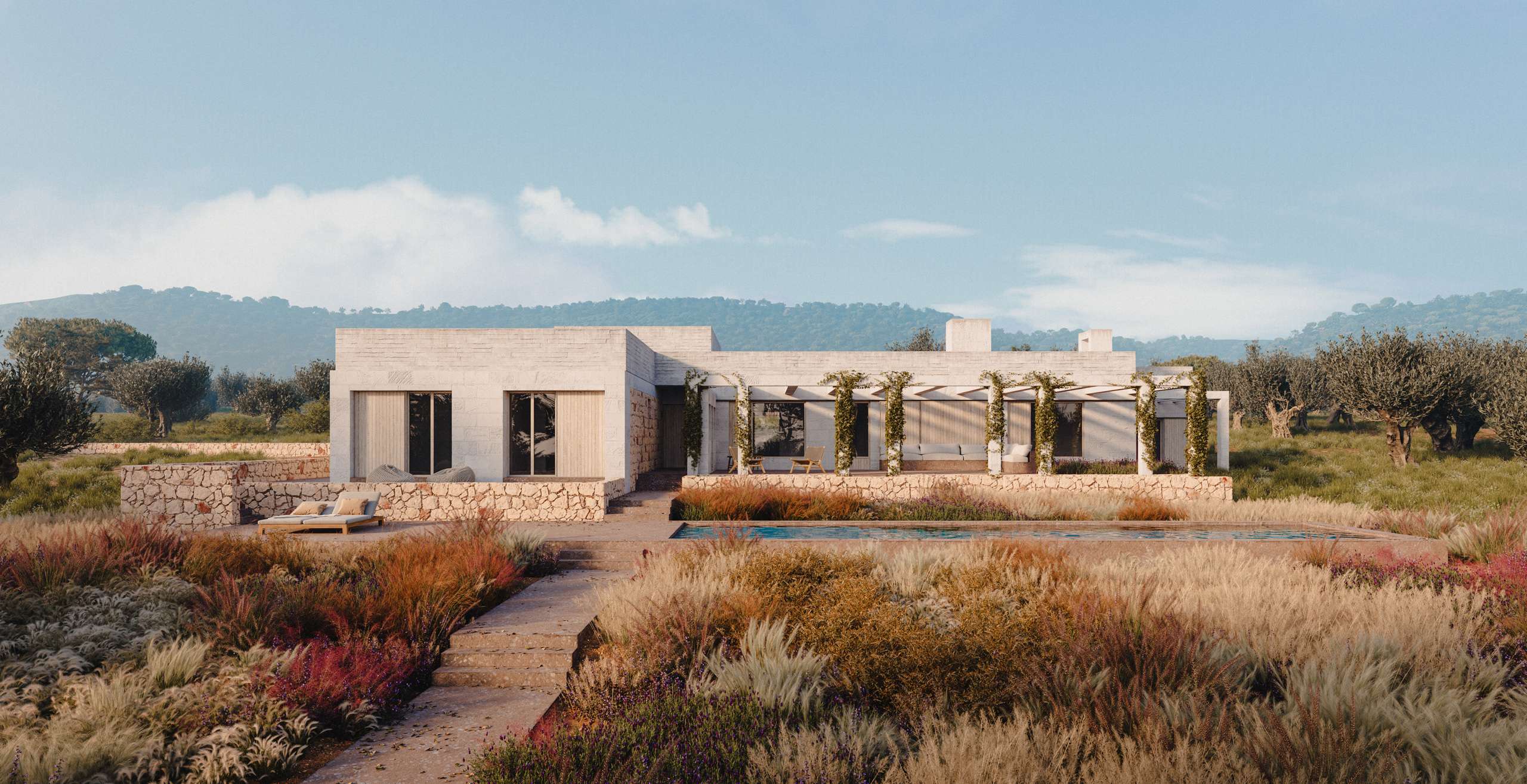 Photorealistic exterior 3D Rendering of a modern house in a beautiful landscape in Puglia designed by Bergnes de las Casas Arquitectos. Contemporary facade design with concrete and wood. Still CG Image produced by Scuares, an architectural visualization studio