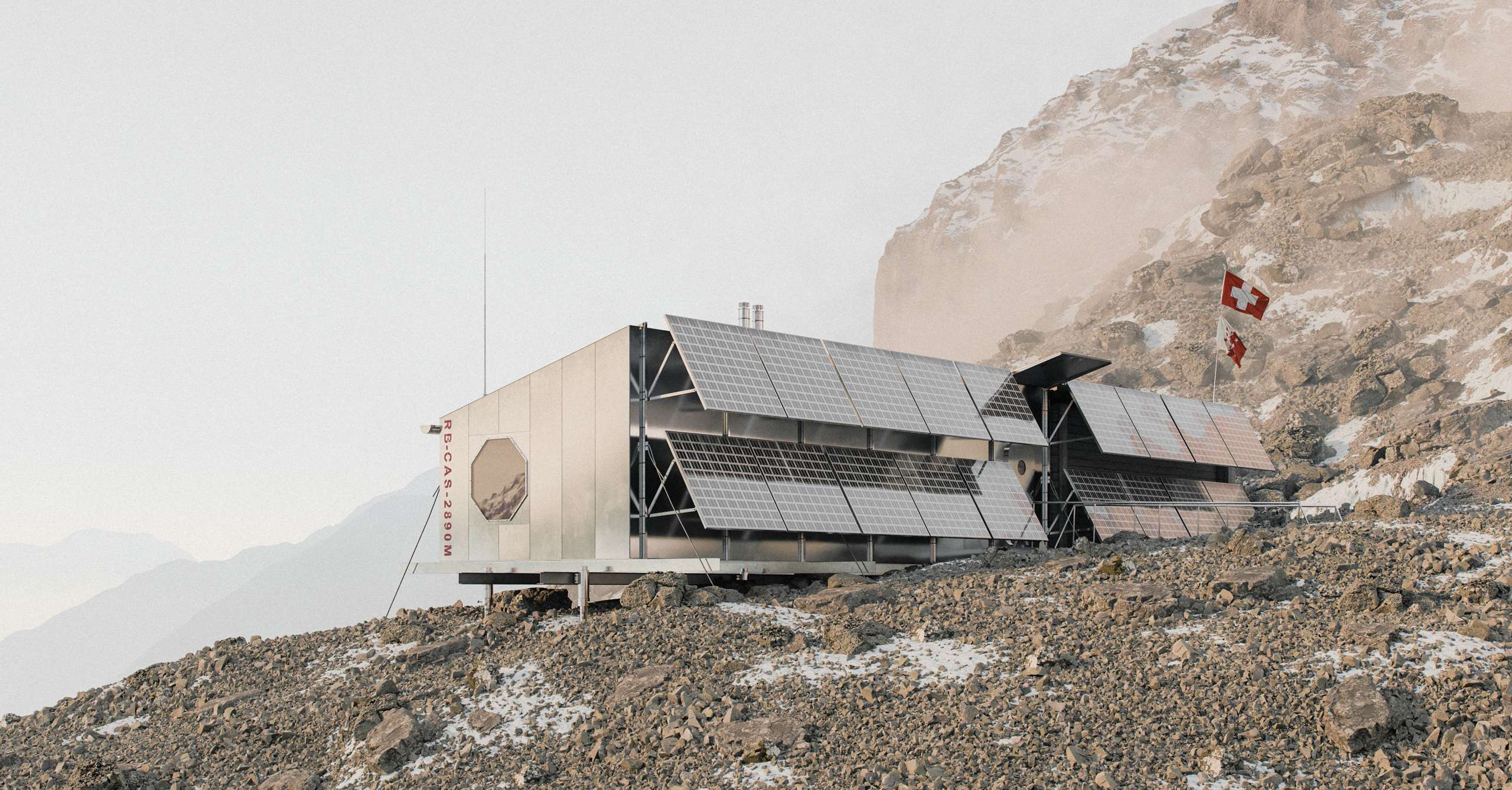 3D rendering of a metal-clad mountain refuge on a steep rocky Alpine slope