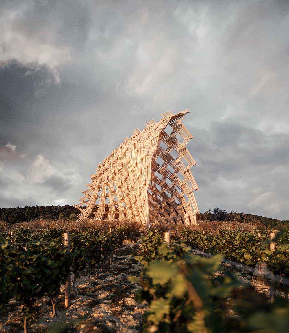 Photorealistic exterior 3D Rendering of robotically fabricated wooden pavilion in a beautiful landscape designed by Josep Alcover. Parametric architecture project. Still CG Image produced by Scuares, an architectural visualization studio