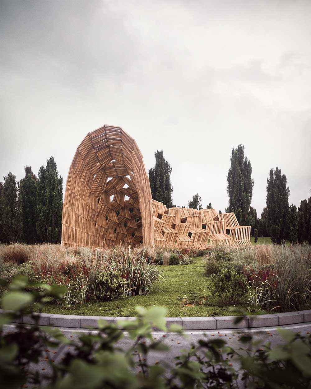 Photorealistic exterior 3D Rendering of robotically fabricated wooden pavilion in a beautiful landscape designed by Josep Alcover. Parametric architecture project. Still CG Image produced by Scuares, an architectural visualization studio