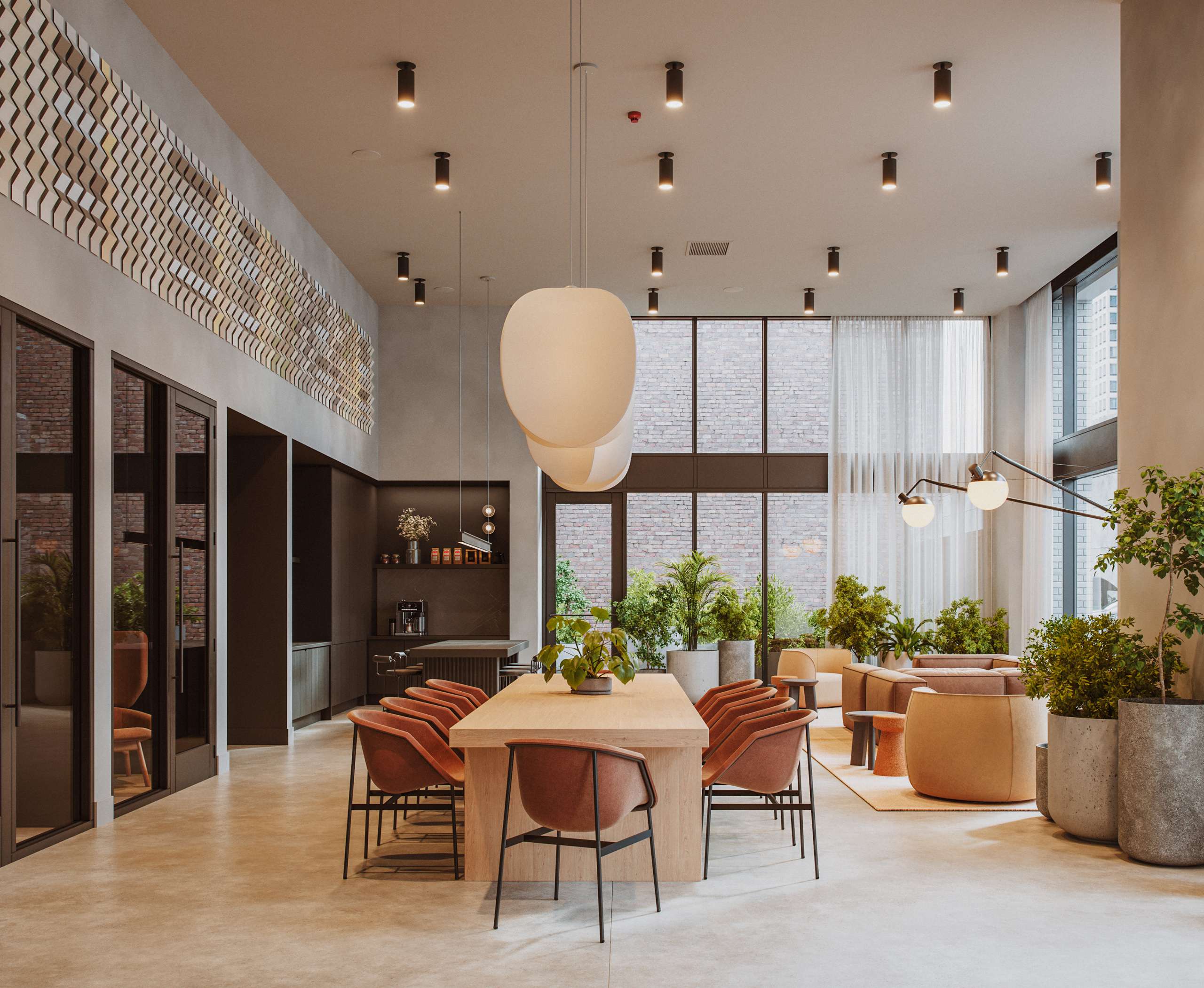 3D rendering of a coworking lounge with shared tables, plants, and pendant lights