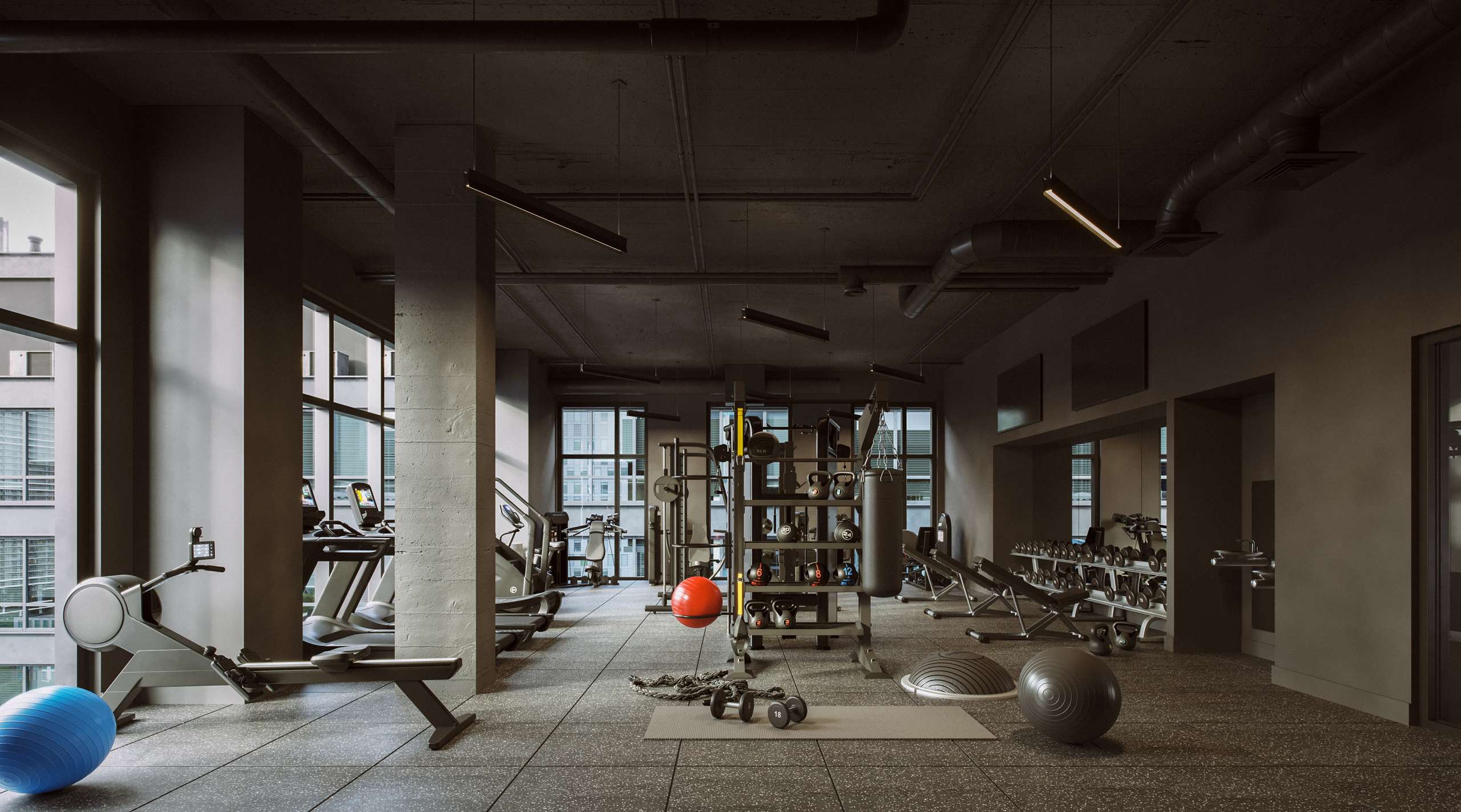 3D rendering of a gym with weights and exercise equipment beneath an exposed ceiling
