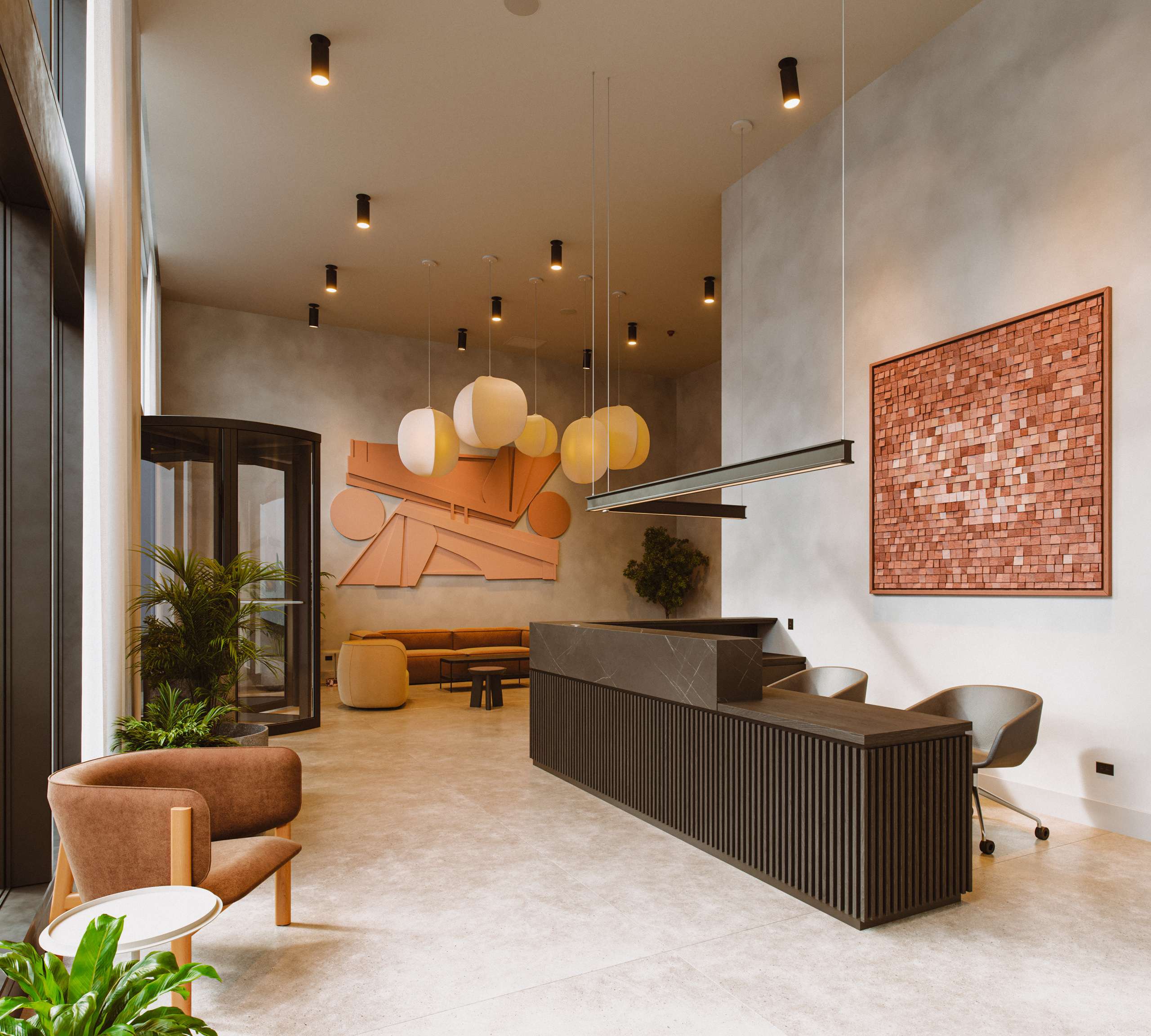 3D rendering of a lobby with a dark reception desk and upholstered seating