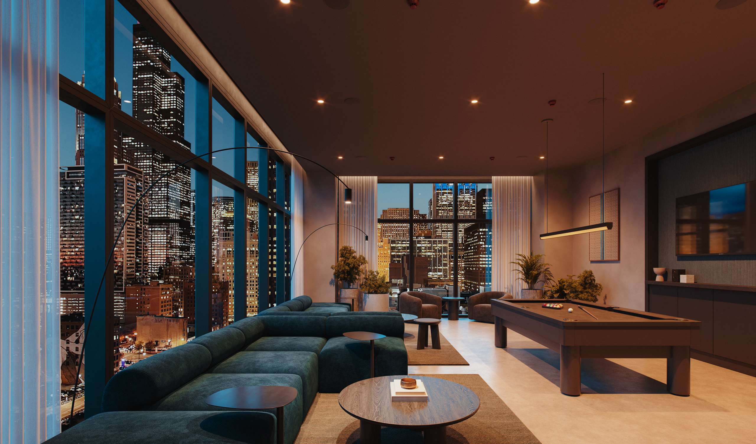 Nighttime 3D rendering of a lounge with sofas and a pool table beside tall windows