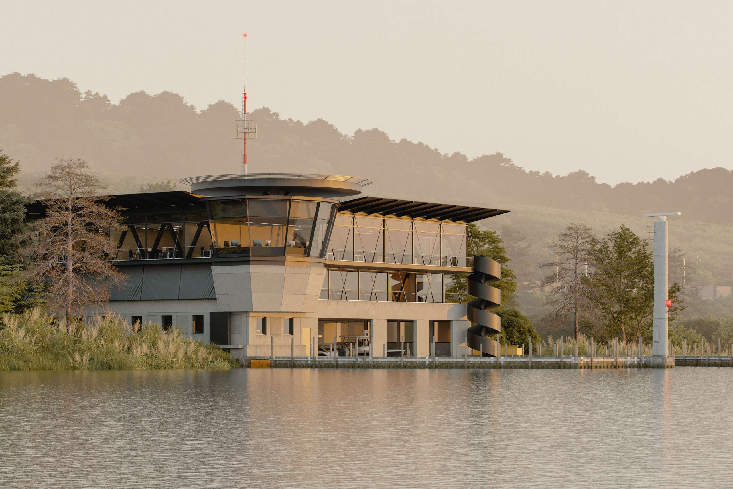 Water-level 3D rendering of a lakeside police building with a broad circular roof