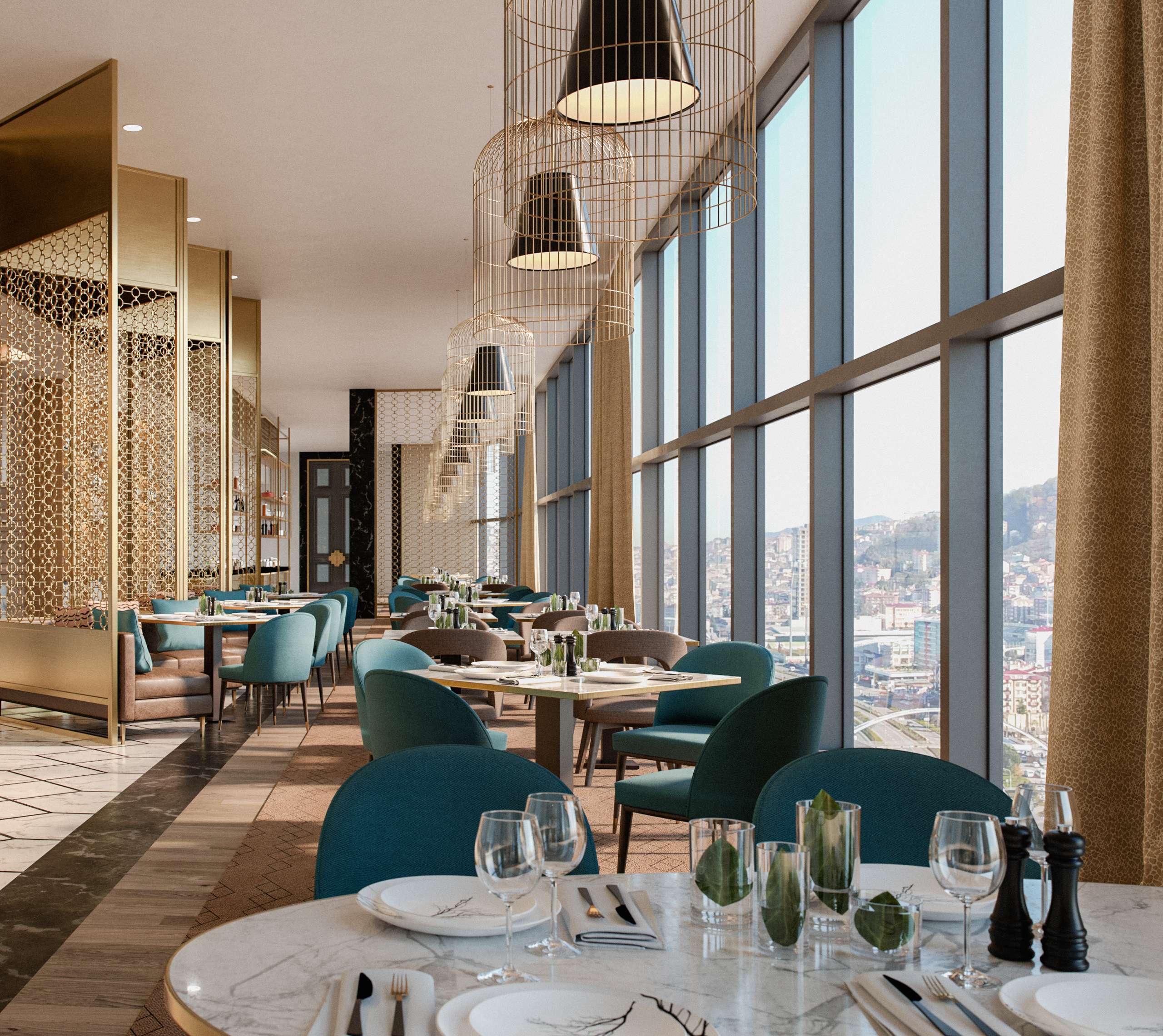 3D rendering of a restaurant with teal chairs and floor-to-ceiling city views