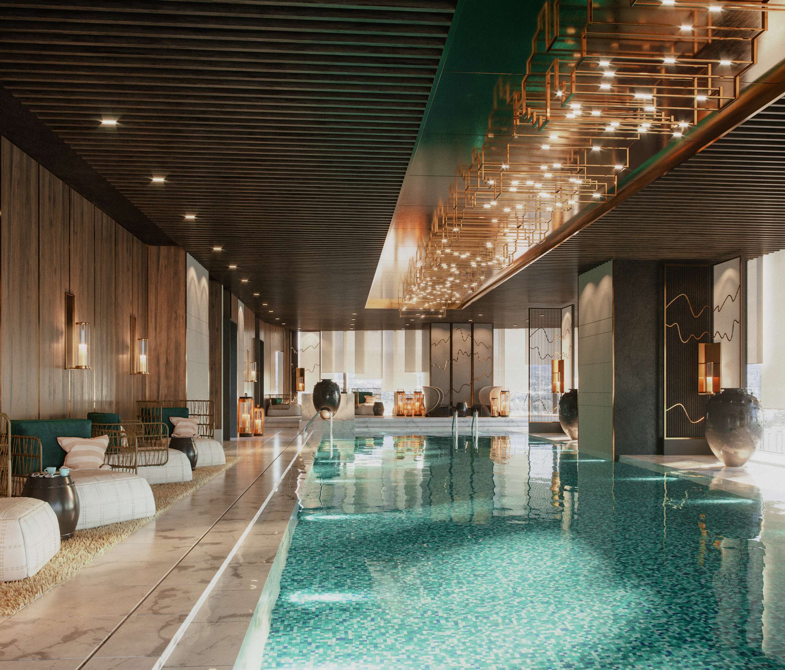 3D rendering of an indoor swimming pool beneath decorative ceiling lights