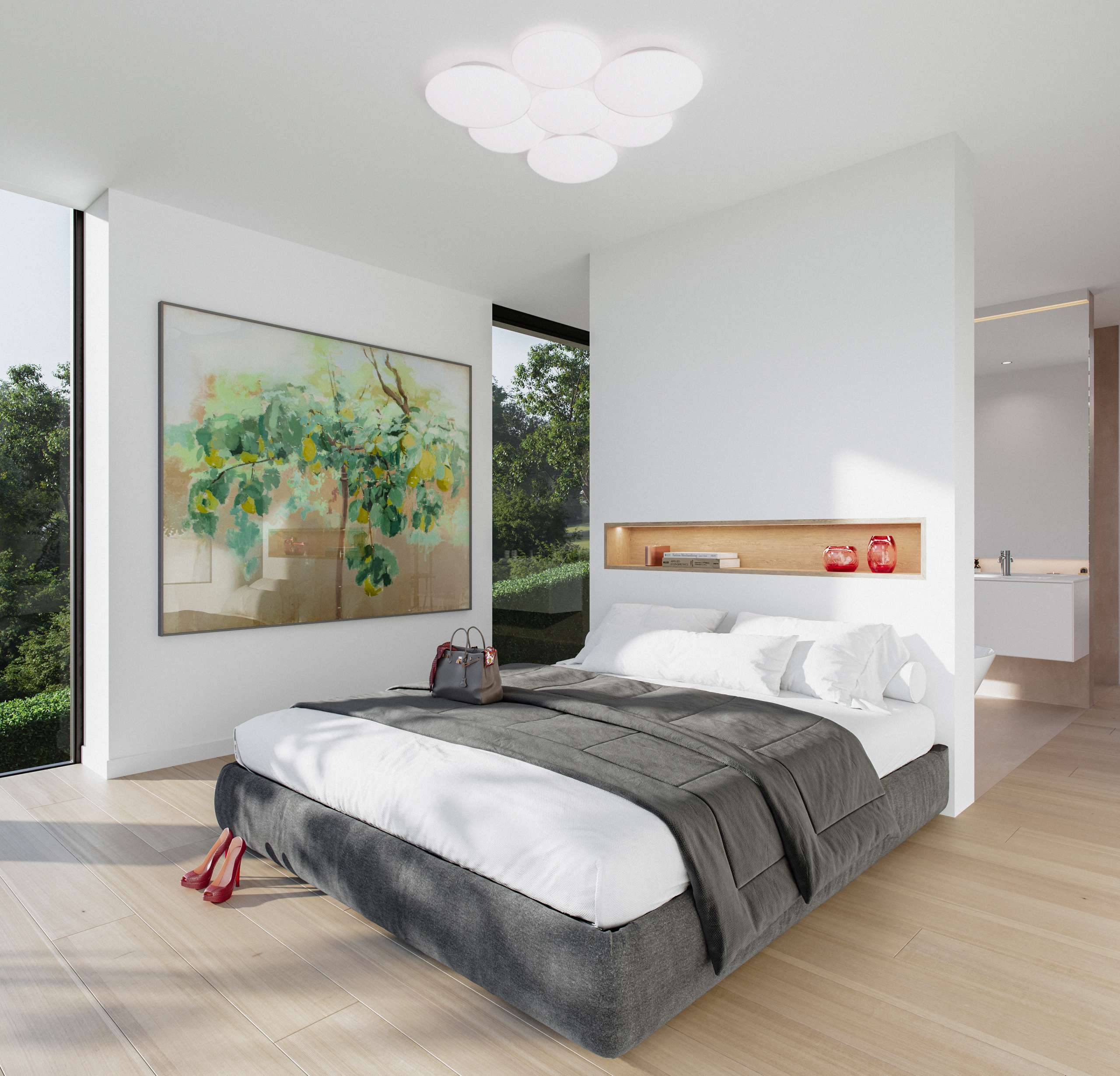 3D rendering of a white bedroom with corner windows and a colorful painting