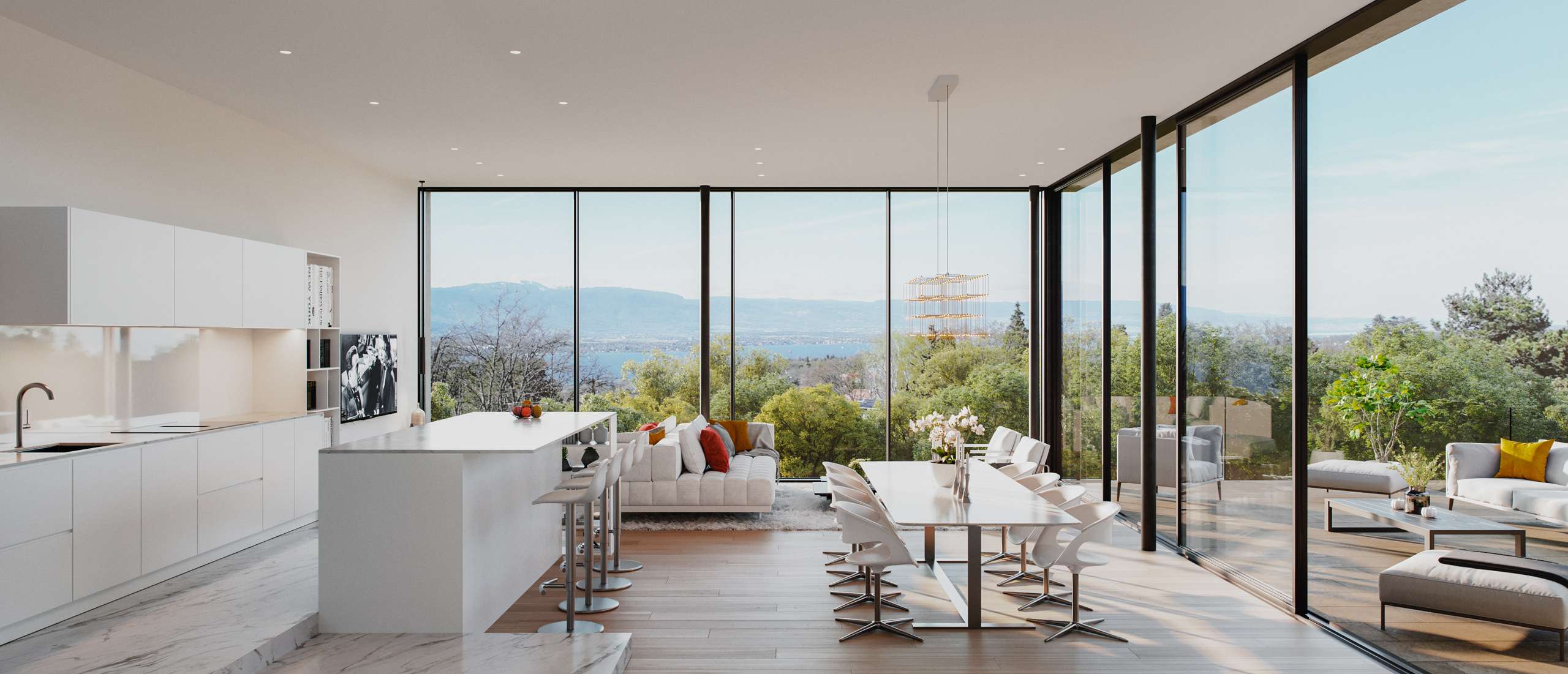 3D rendering of an open-plan kitchen and living room opening onto a mountain-view terrace