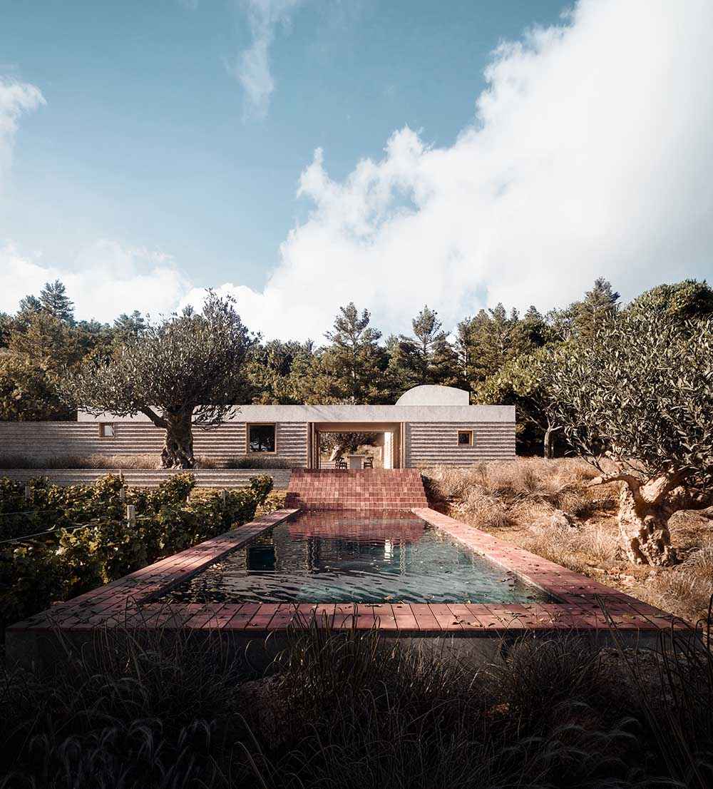 Photorealistic exterior 3D Rendering of a modern house in a beautiful landscape designed by Mesura Architects. Architectural project with traditional materials and a swimming pool. Still CG Image produced by Scuares, an architectural visualization studio