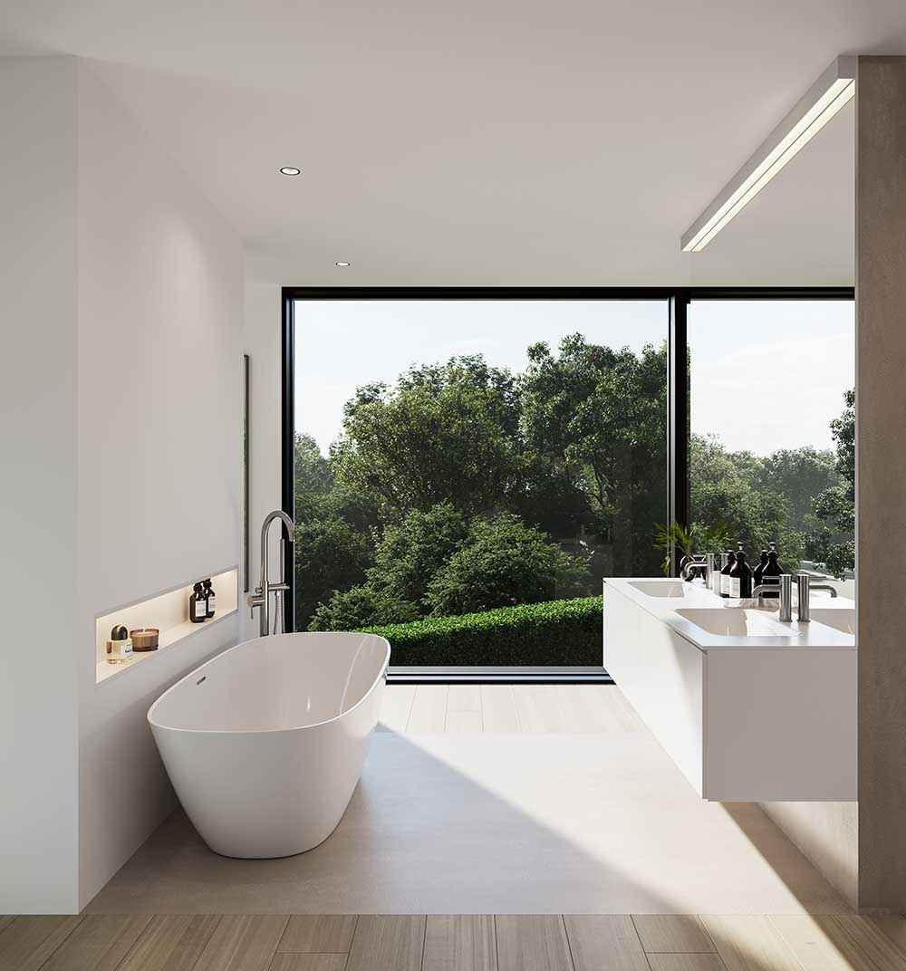 Photorealistic interior 3D Rendering of a luxury bathroom in a contamporary villa designed by Justyna Gornicka in Switzerland. Residential real estate project. Still CG Image produced by Scuares, an architectural visualization studio