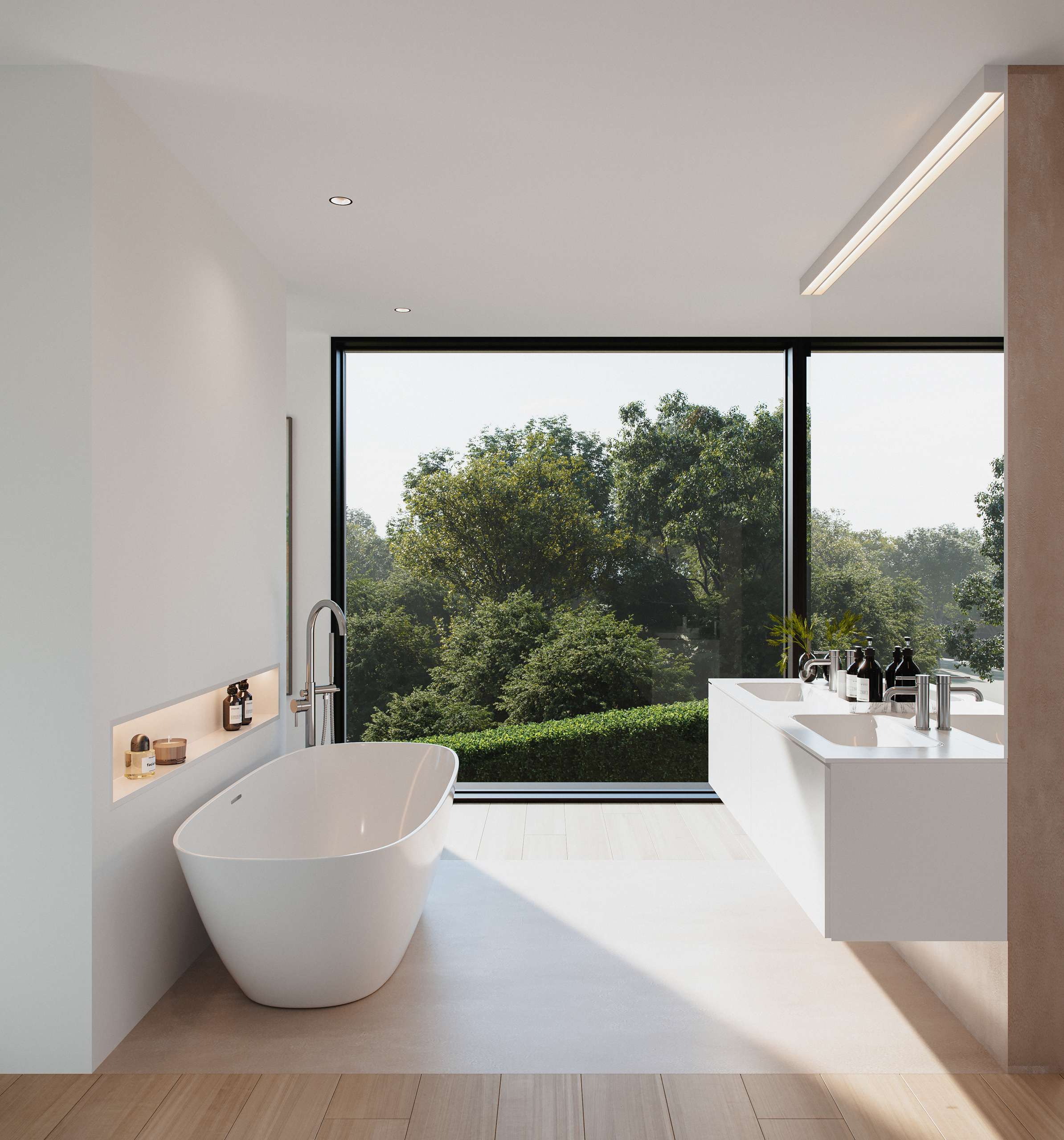 Photorealistic interior 3D Rendering of a luxury bathroom in a contamporary villa designed by Justyna Gornicka in Switzerland. Residential real estate project. Still CG Image produced by Scuares, an architectural visualization studio