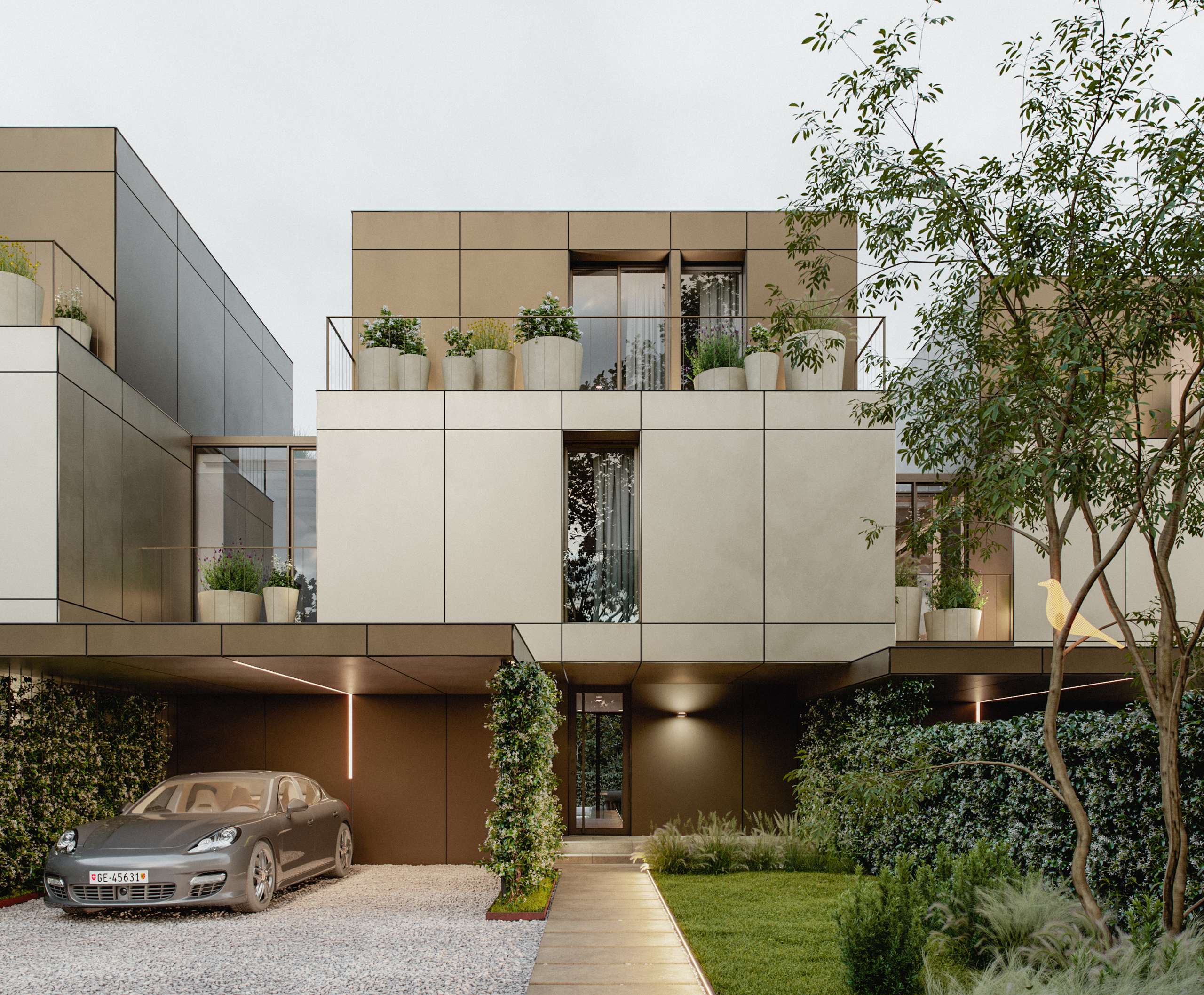Photorealistic exterior 3D Rendering of a luxury housing complex designed by Justyna Gornicka in Switzerland. Residential real estate project. Still CG Image produced by Scuares, an architectural visualization studio
