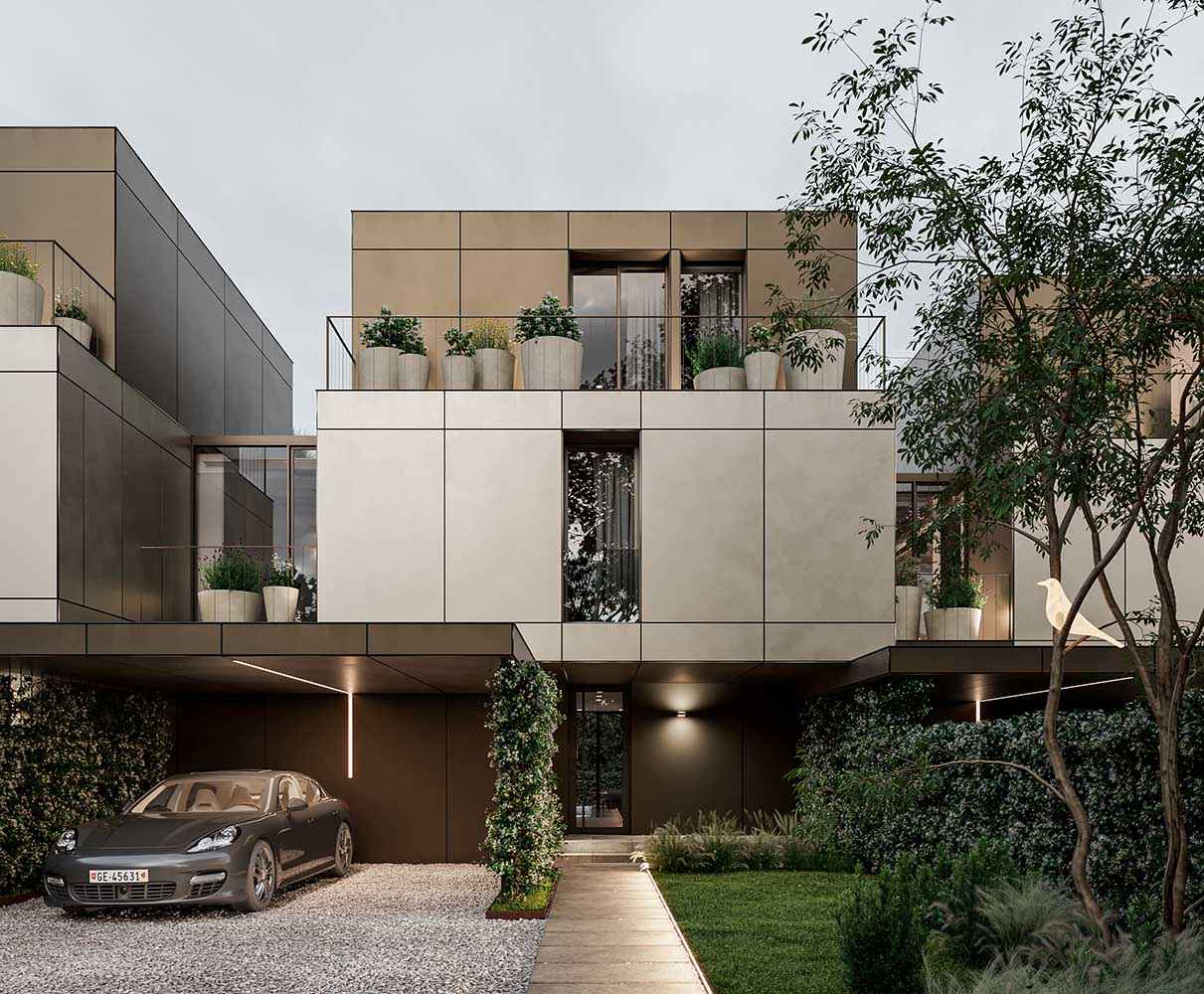 Photorealistic exterior 3D Rendering of a luxury housing complex designed by Justyna Gornicka in Switzerland. Residential real estate project. Still CG Image produced by Scuares, an architectural visualization studio