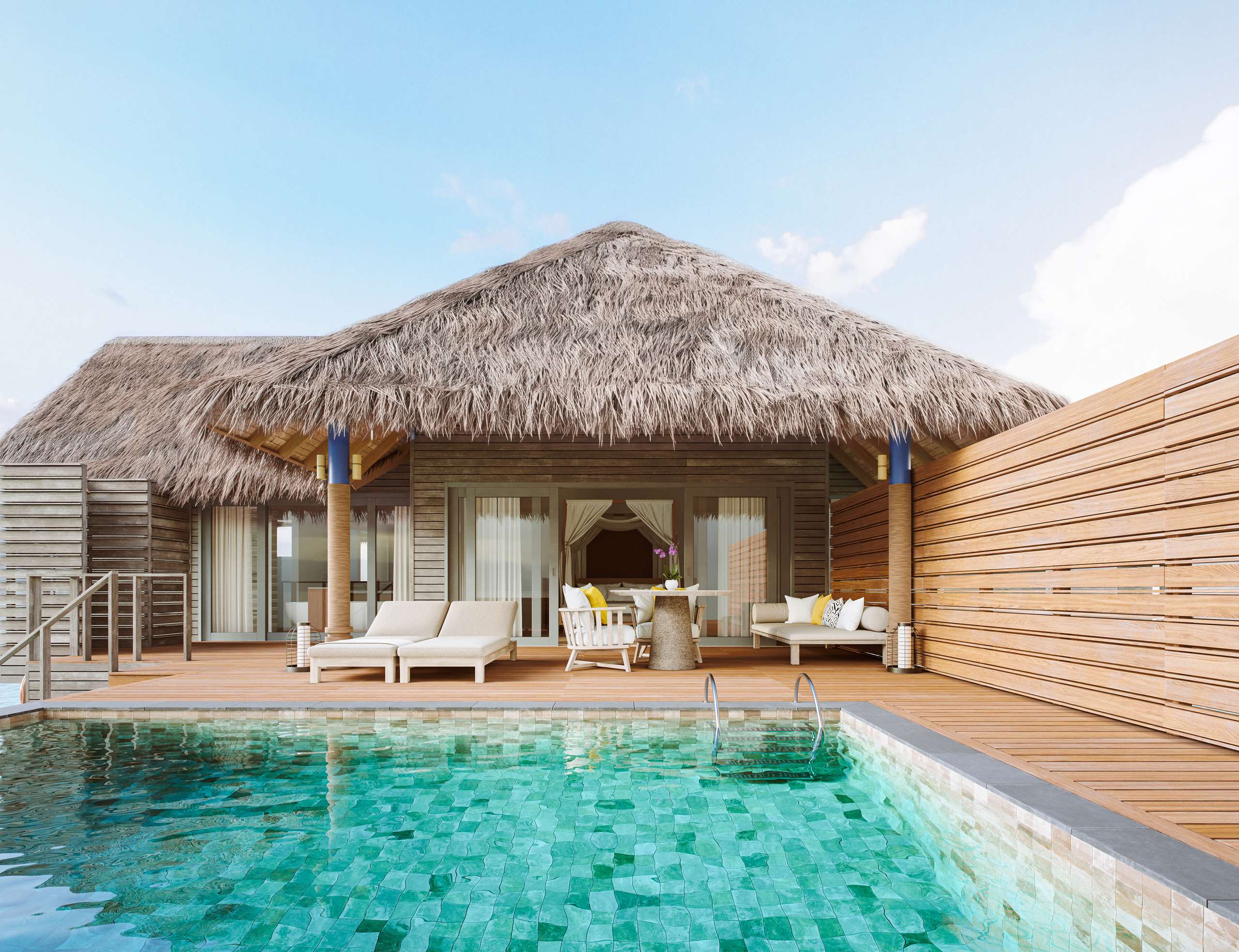 3D rendering of a thatched-roof villa and loungers beside a swimming pool