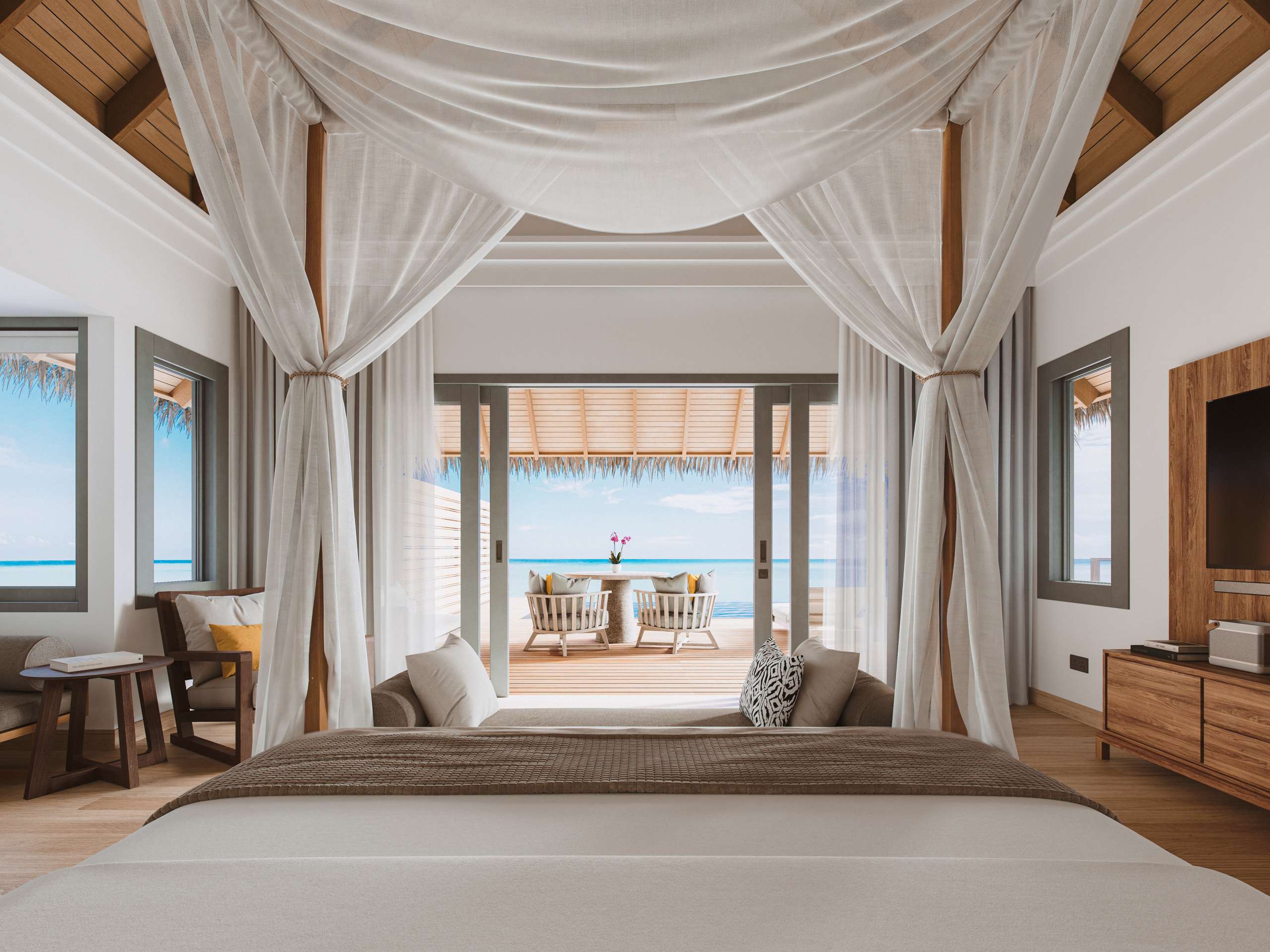 3D rendering of a canopy bed opening onto a terrace above the water