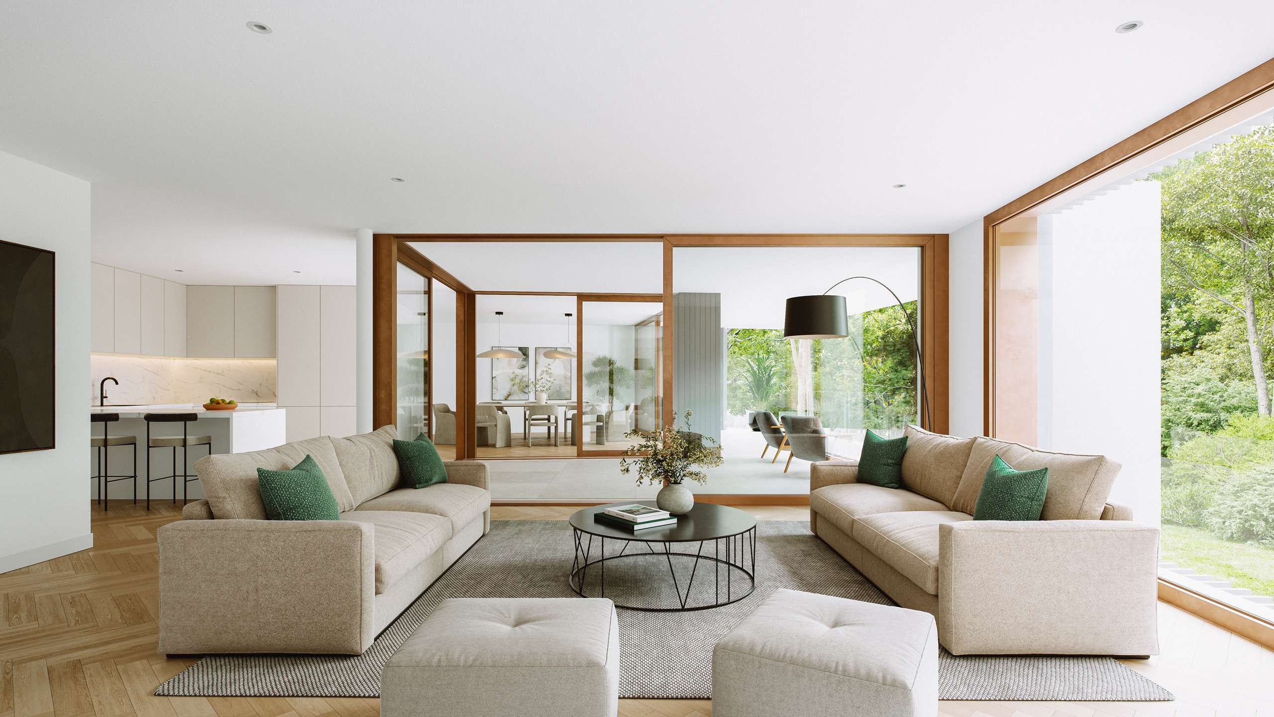 3D rendering of a bright living room with cream sofas and large garden-facing windows