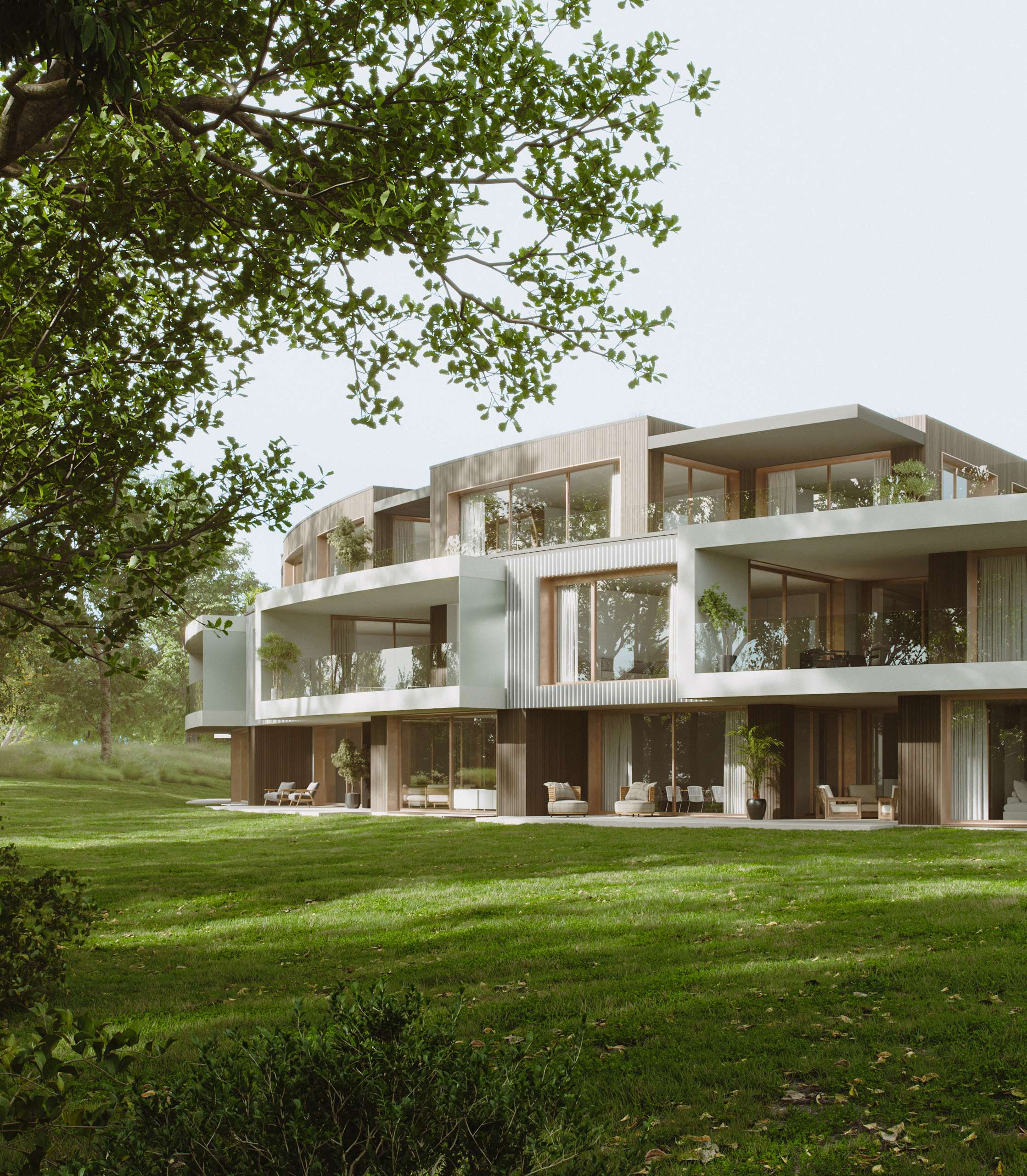 3D rendering of projecting apartment balconies above a tree-lined lawn
