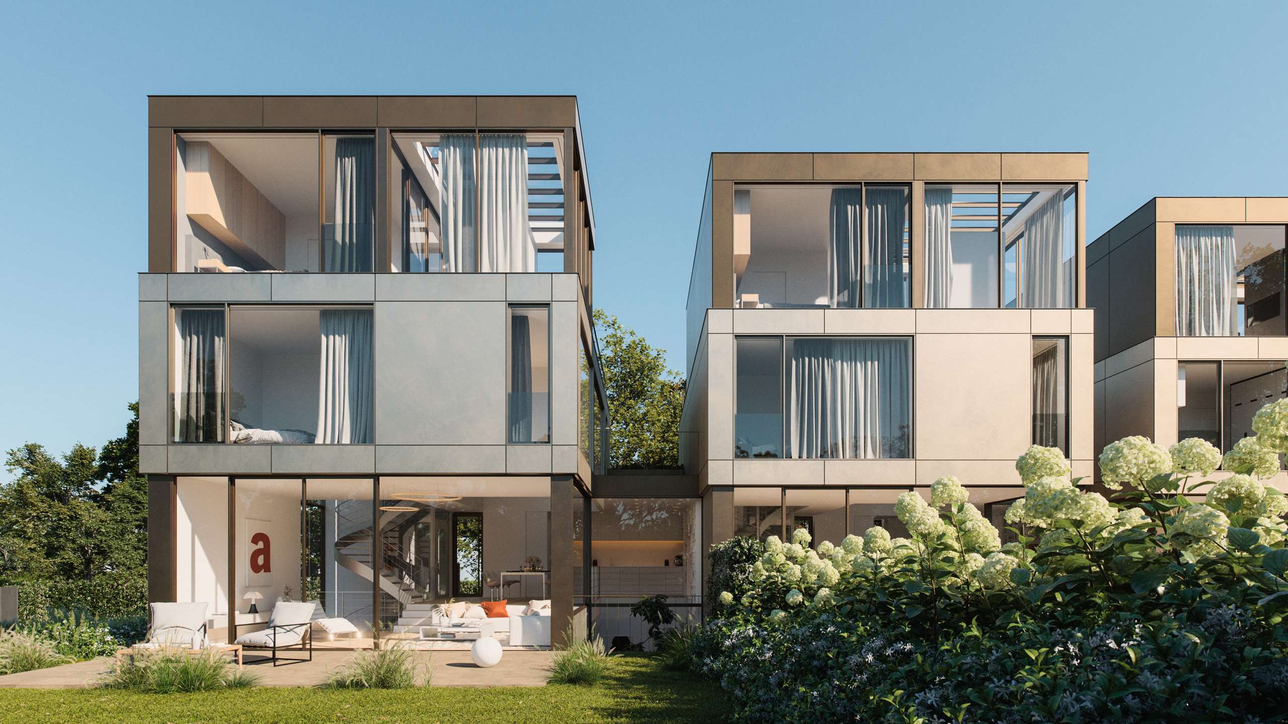 3D rendering of modern homes with large windows facing a landscaped garden